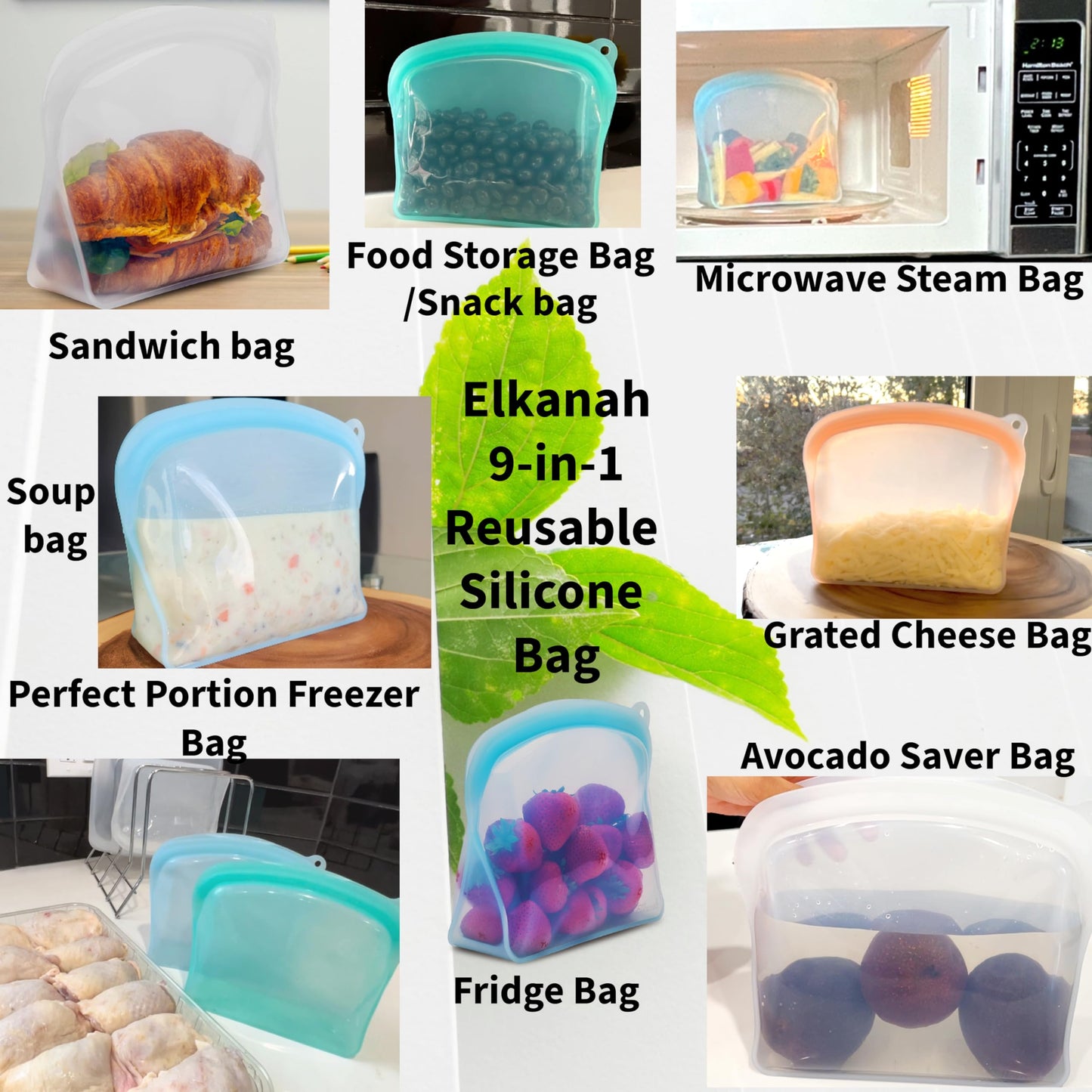 Elkanah 1200ml Reusable Silicone Freezer Bags Food Storage Bags Soup Bags Snack Bags | Platinum Silicone | Leak Proof Airtight Double Zipper | Oven, Microwave and Dishwasher Safe