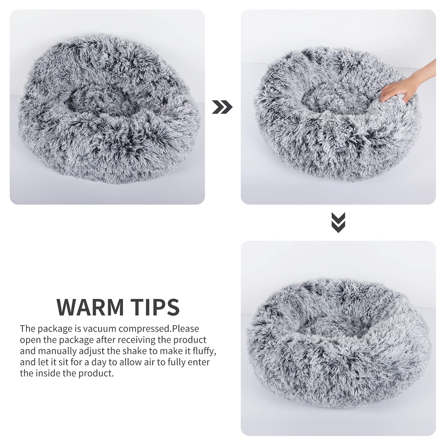 Vetasac Donut Dog Bed, Cat Calming Bed Anti-Anxiety Round Fluffy Faux Plush Soft Warming Cushion Sofa Beds for Small Medium Large Dogs Cats Washable JD003 (31 inch, Gradient Grey)