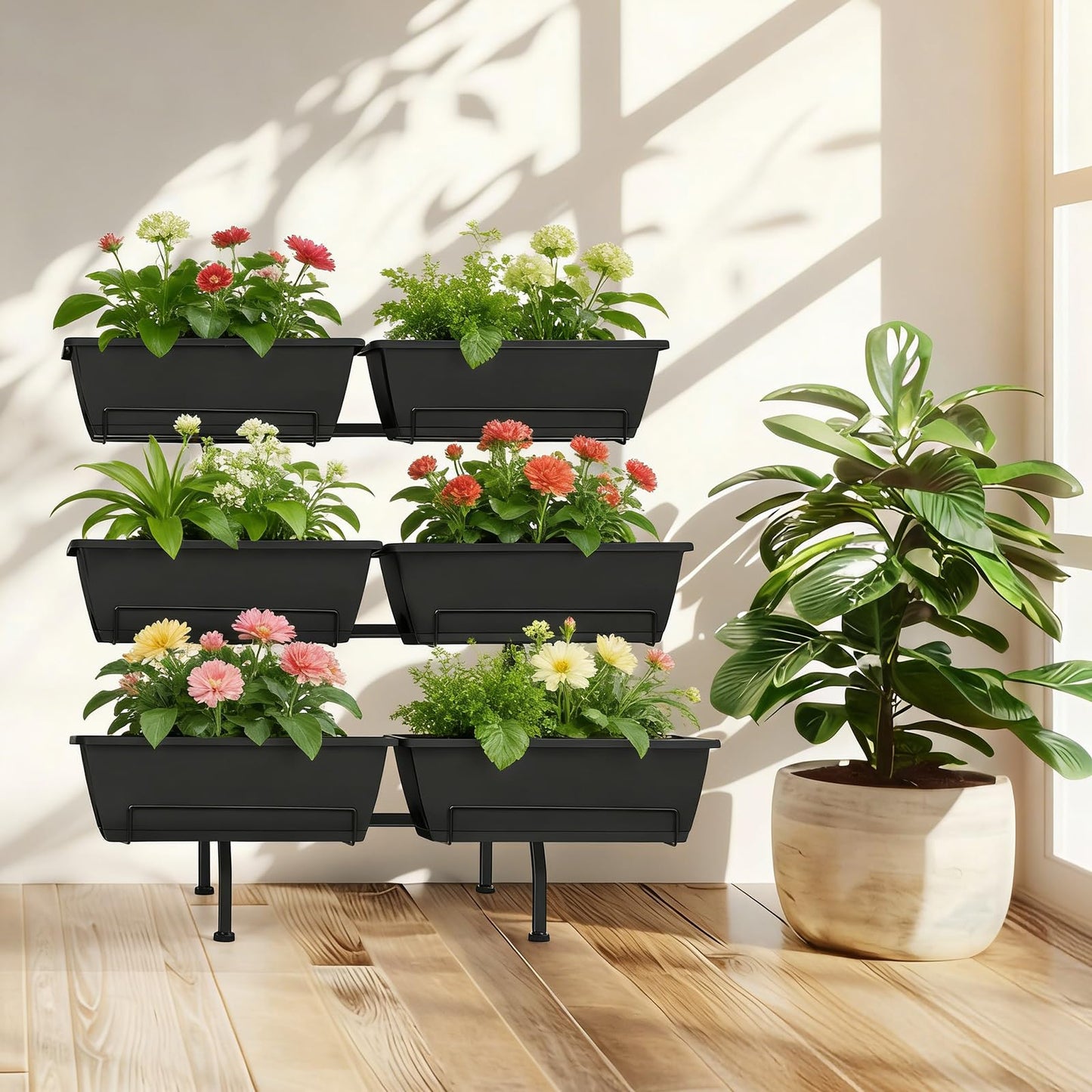 Vertical Garden Planter 3 Tier Vertical Raised Garden Bed with 6 Garden Planter Boxes Elevated Raised Bed with Drainage Holes Outdoor Standing Garden Planter for Herbs Flowers Vegetables, Black