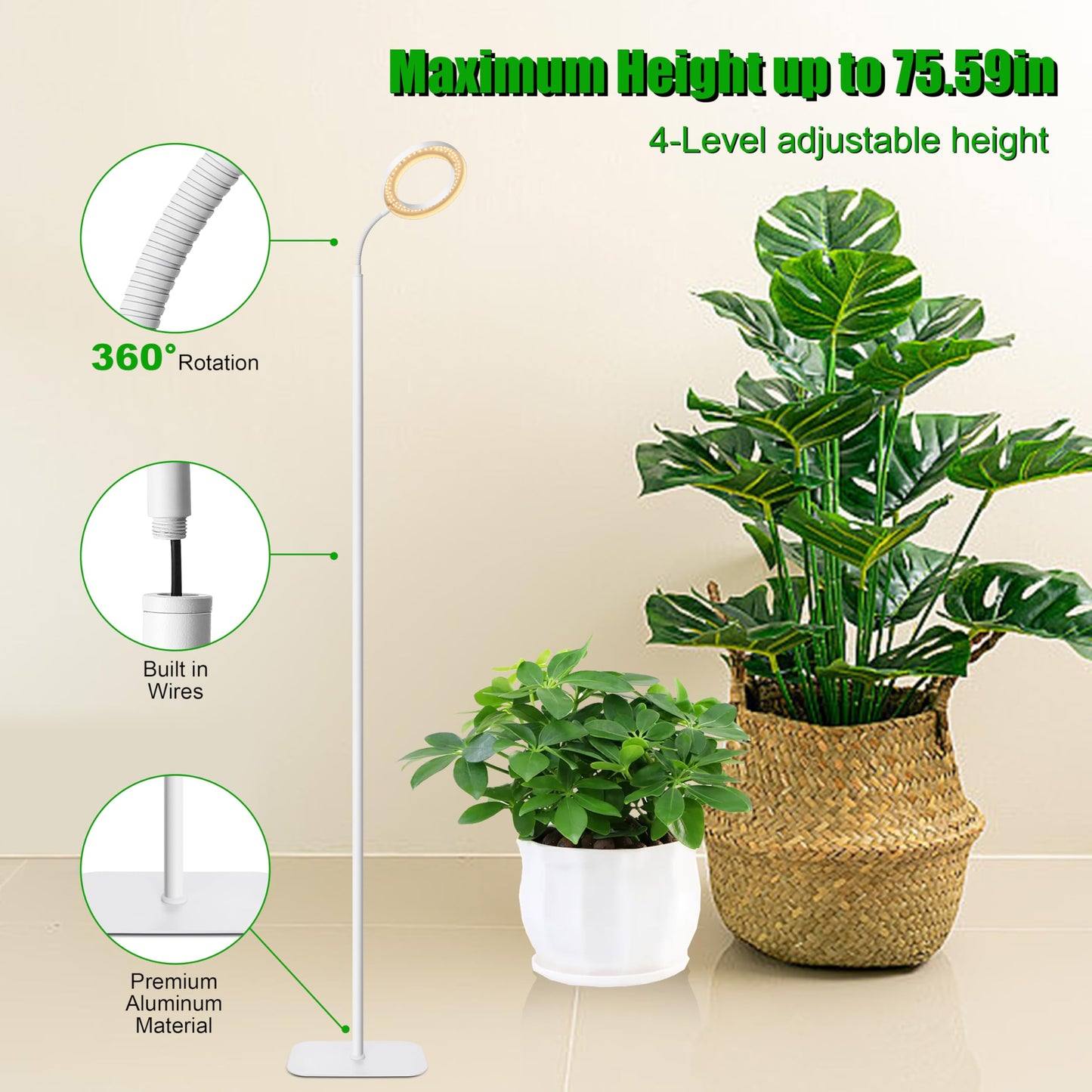 LED Full Spectrum Grow Lamps for Indoor Plants with 3/9/12H Timer, 10 Level Dimmable, Height Adjustable Standing Plant Light for Large Tall Small Plants - Matte White, Halo Ring Floor Grow Light