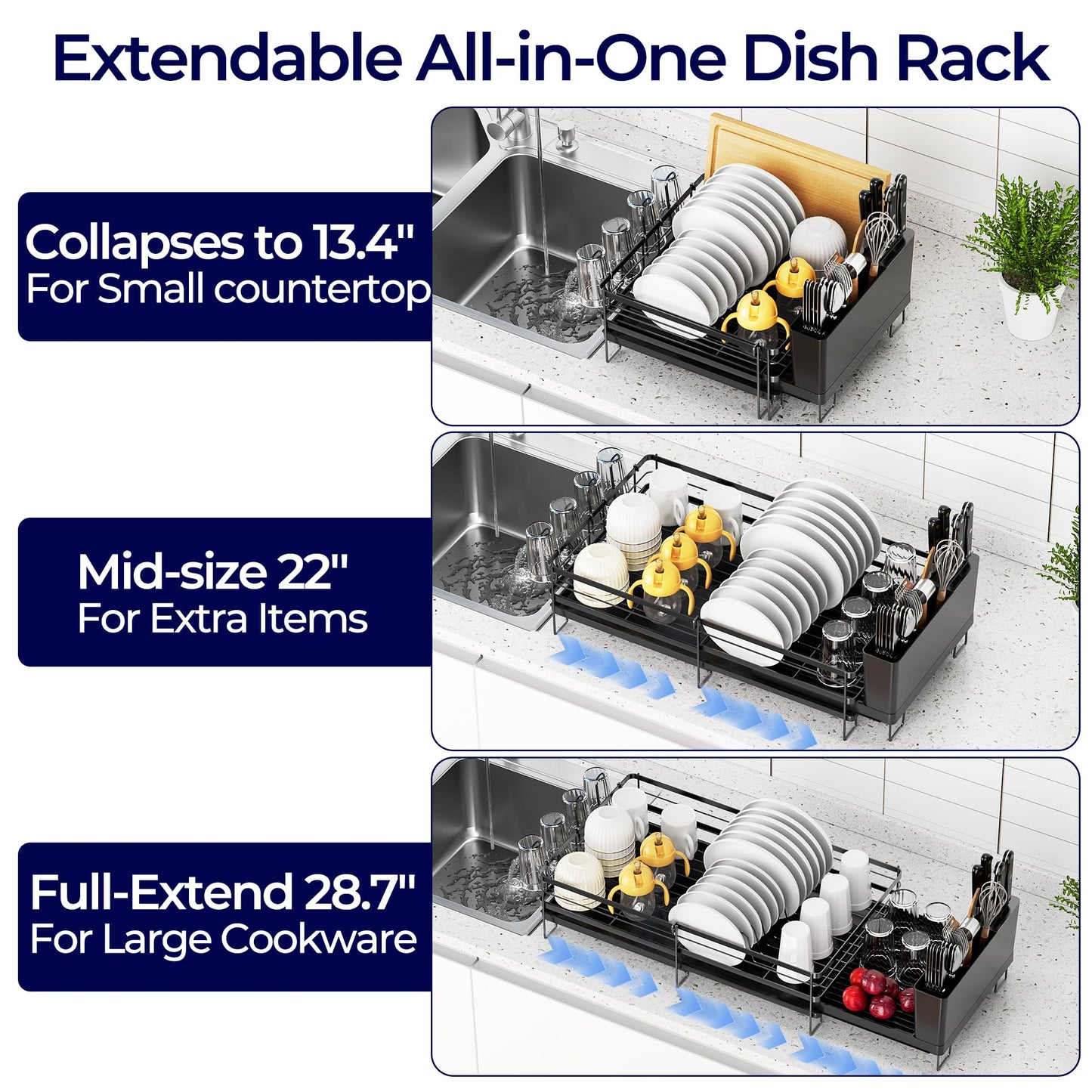 Large Dish Drying Rack - Extendable Dish Rack for Kitchen Counter, Multifunctional Dish Drainer with Drainboard Set, Dishrack with Utensil Holder & Cup Holder, 13.4"-28.7" L x 11.8" W, Black