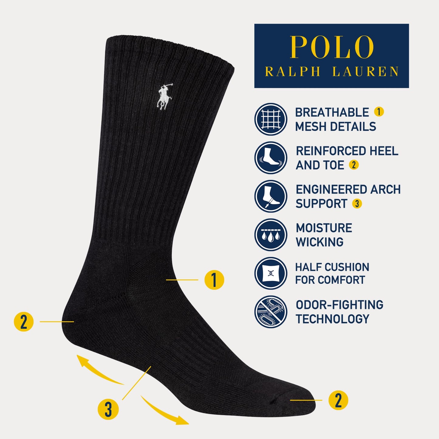 Polo Ralph Lauren Classic Cotton Crew Sock, Black, One Size