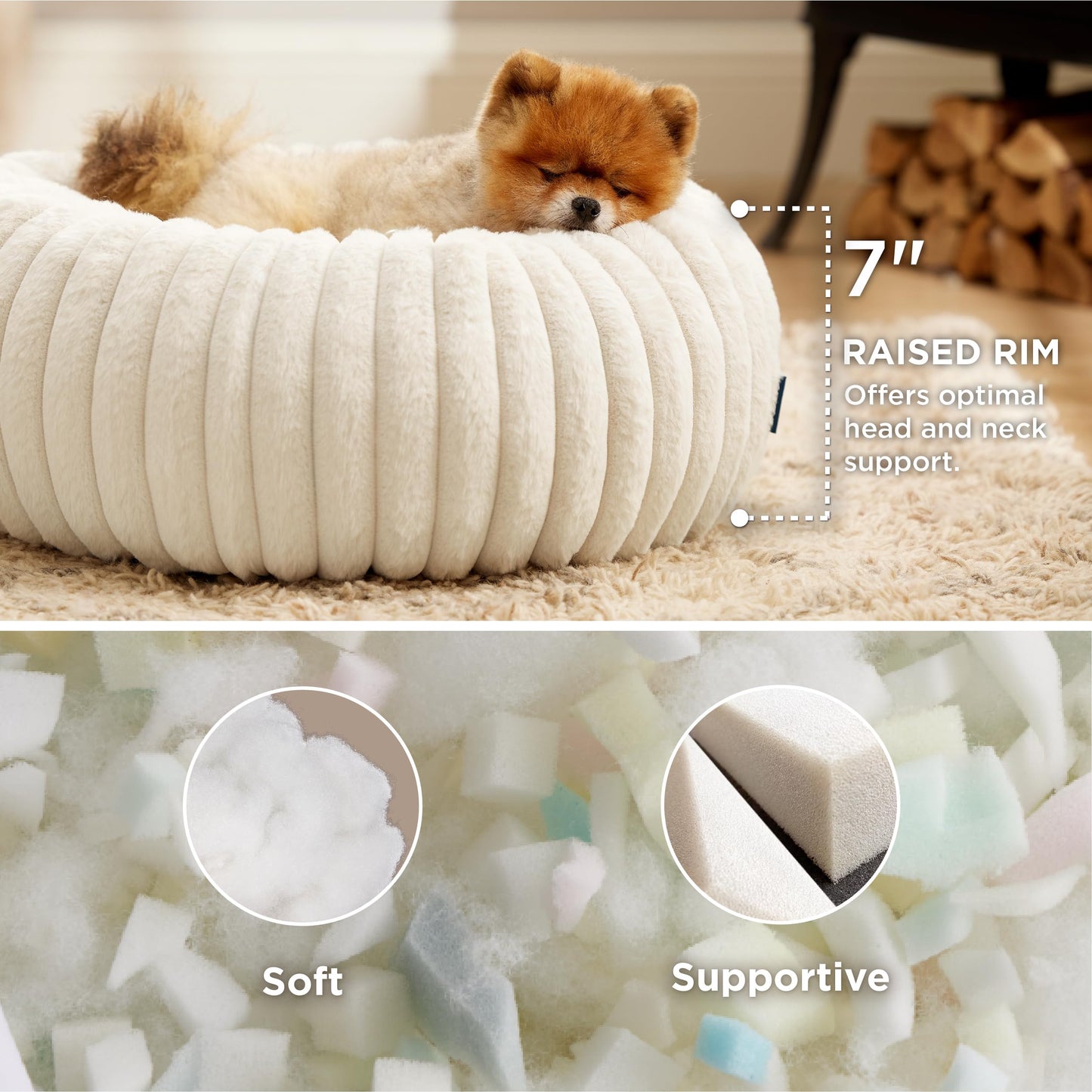 Bedsure Donut Small Dog Bed - Dog Beds for Small Dogs with Corduroy Fleece & Anti Slip Bottom, Round Faux Fur Pet Beds with Washable Removable Cover, Cream, 23Inches