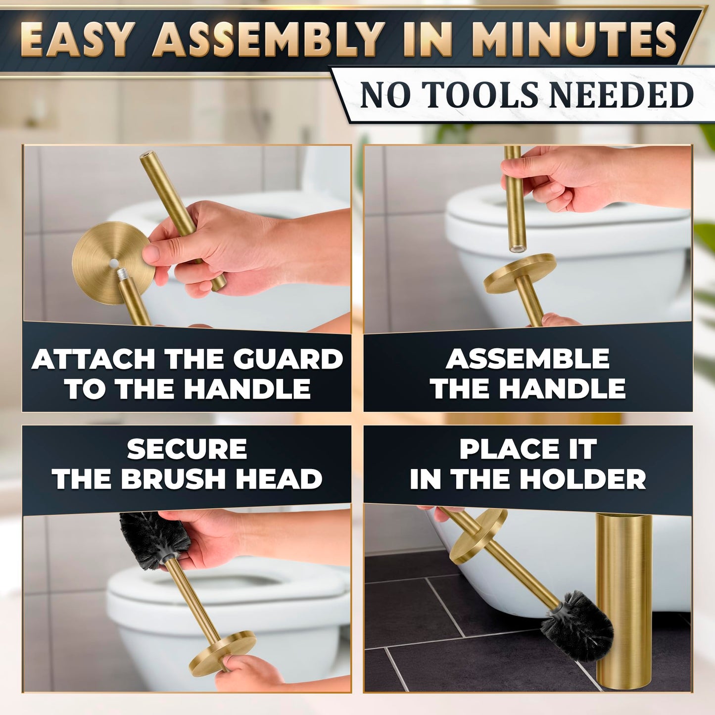 Novsix Stainless Steel Toilet Brush and Holder for Bathroom Toilet Bowl Cleaner Brush Set, Brushed Gold