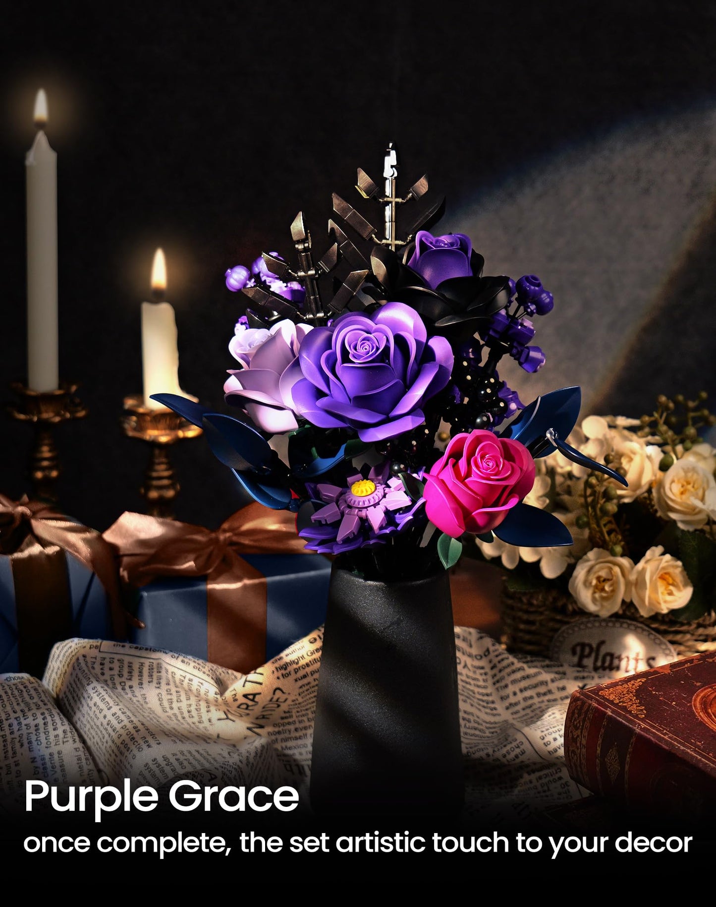 Purple Flower Bouquet Building Set,Rose Botanical Collection Blocks Kit,Compatible with Lego,Halloween Christmas for Adults Women,Artificial Flowers Gothic Decor