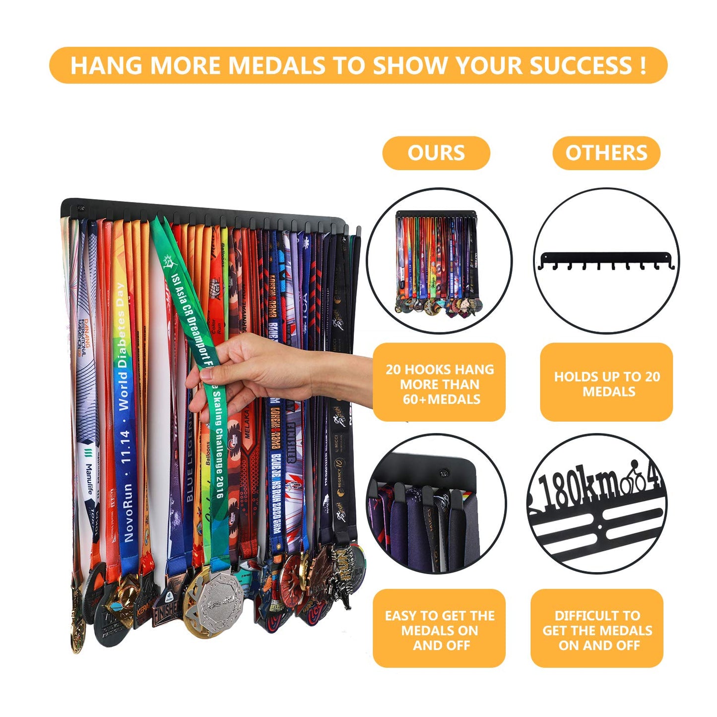 Goutoports Medal Holder Display Hanger Rack Frame for Sport Race Runner -Race Medal Hanger Holder - Sturdy Black Steel Metal Over 60 Medals Easy to Install (2Pcs)