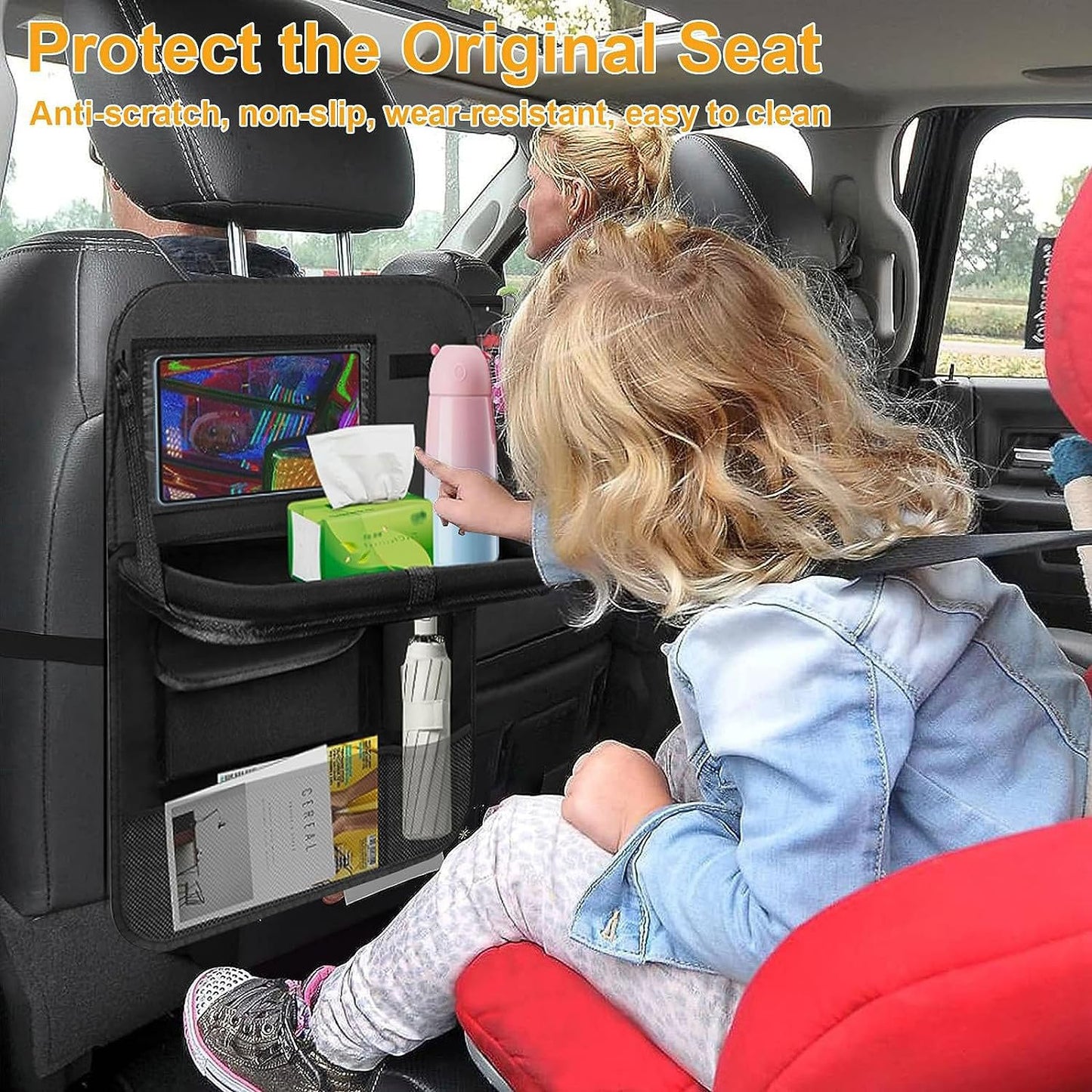 Meirenda 2 Pack Car Backseat Organizer with Foldable Food Tray, Multi-Pocket Multifunctional Hanging Car Storage Organizer Bag with Tablet Holder, Kids Car Kick Mats Seat Back Protector for Travel