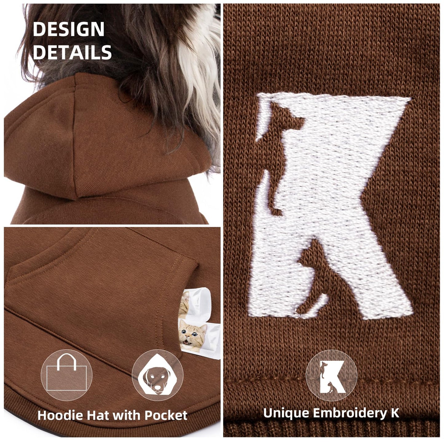Koneseve Dog Hoodie & Cat Sweater, Warm Fleece Hooded Soft Winter Sweatshirt for All Breeds, Cozy Pet Clothes, Brown, 5XL
