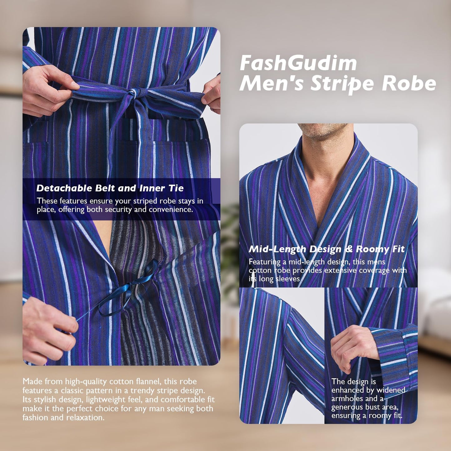 FashGudim Mens Buffalo Plaid Cotton Robe Lightweight Bathrobe Shawl Collar Kimono Sleepwear Loungewear House Robes, Blue Stripe, Large-X-Large