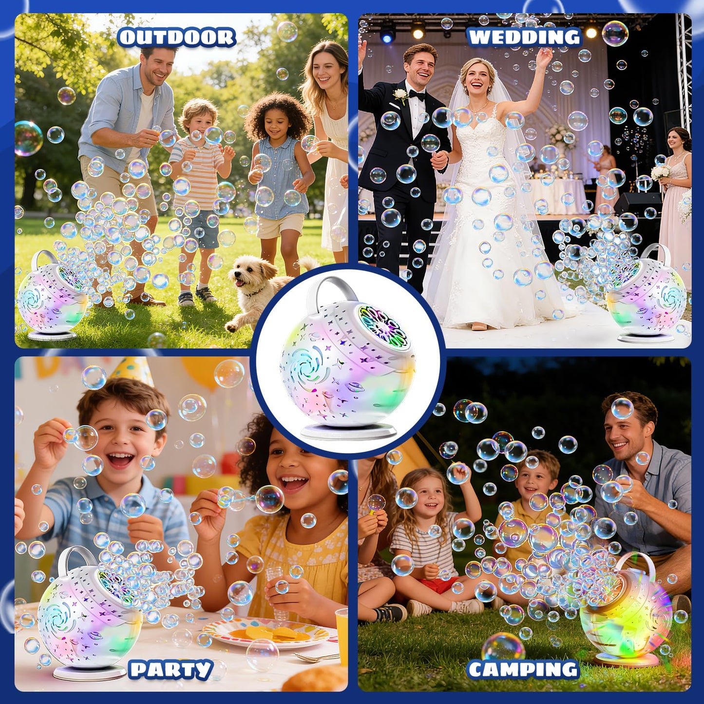 Rechargeable Bubble Machine - Auto 90°/360° Rotation, Remote Control and 7 Colors RGB LED Light, Bubbles Maker Toys for Kids, Bubbles for Wedding Parties, Boys Girls Easter Birthday and Xmas Gift