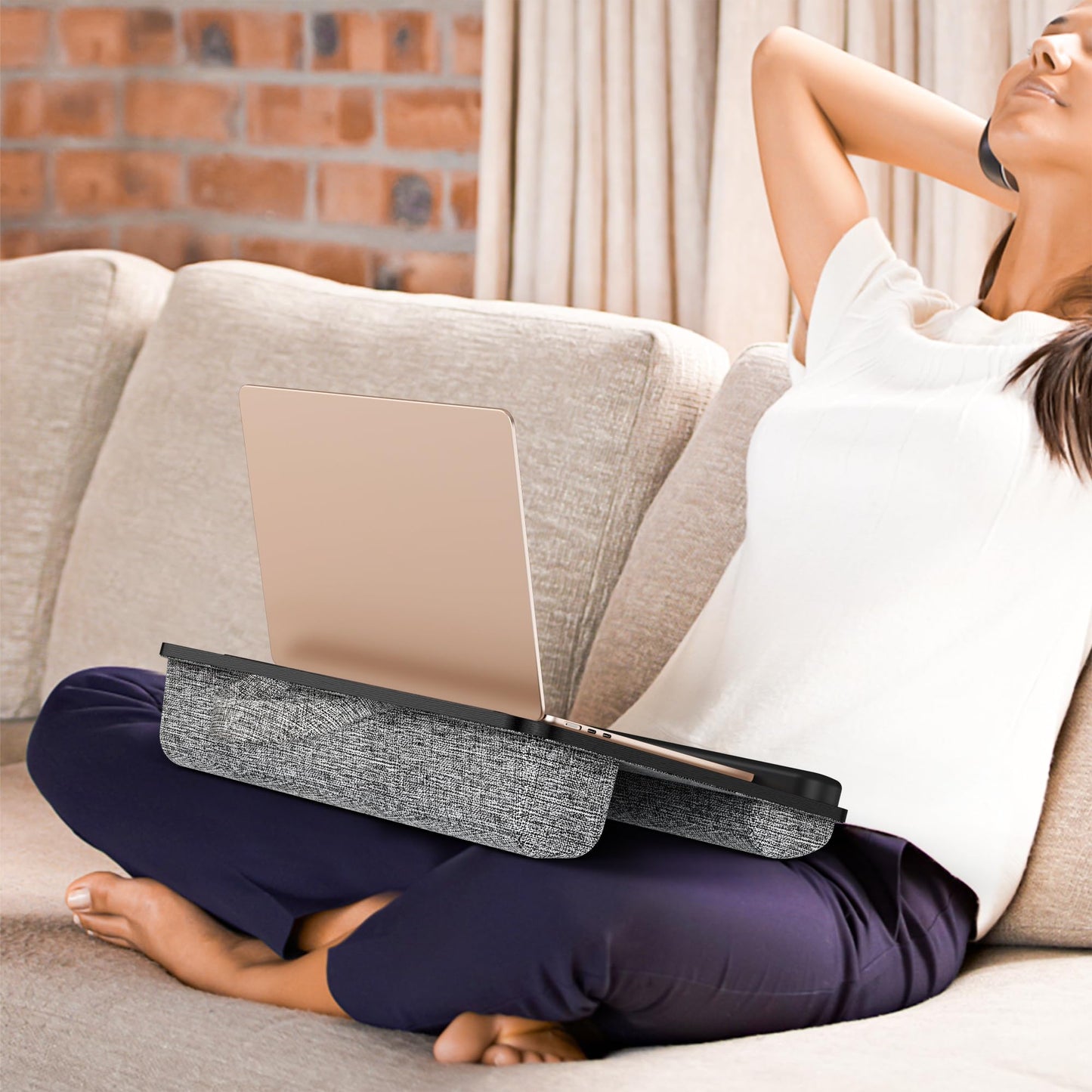 Besign LT08 Laptop Stand, Portable Lap Desk with Pillow Cushion, Fits up to 14 inch Laptop, with Anti-Slip Strip for Desk, Sofa & Bed, Black and Gray