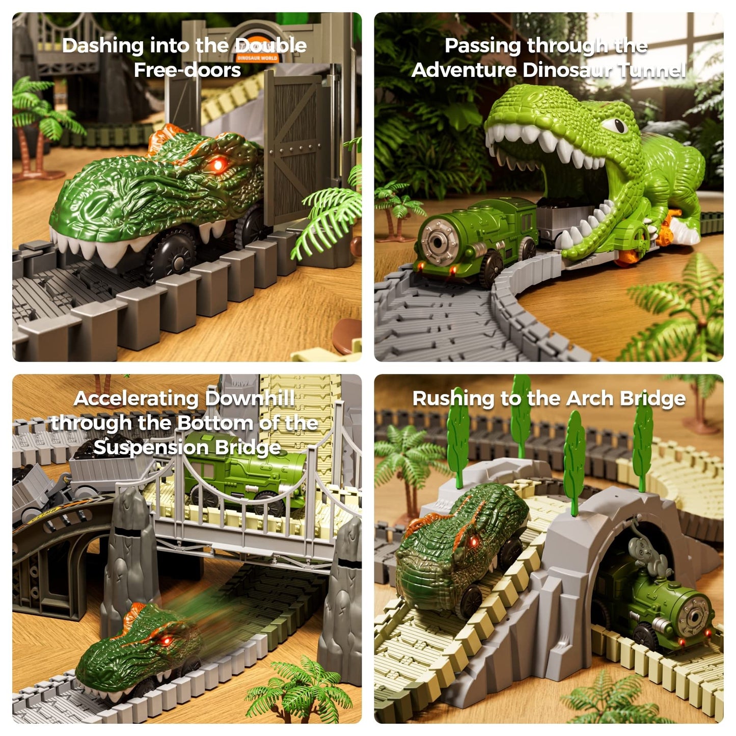 TUMAMA Dinosaur Toys Race Track, 281 Pcs Dinosaur Train Toys for Kids 3-5 5-7, Flexible Train Tracks with 4 Dinosaurs Figures, 2 Electric Race Cars with Light, Create A Dinosaur Road Race for Toddlers