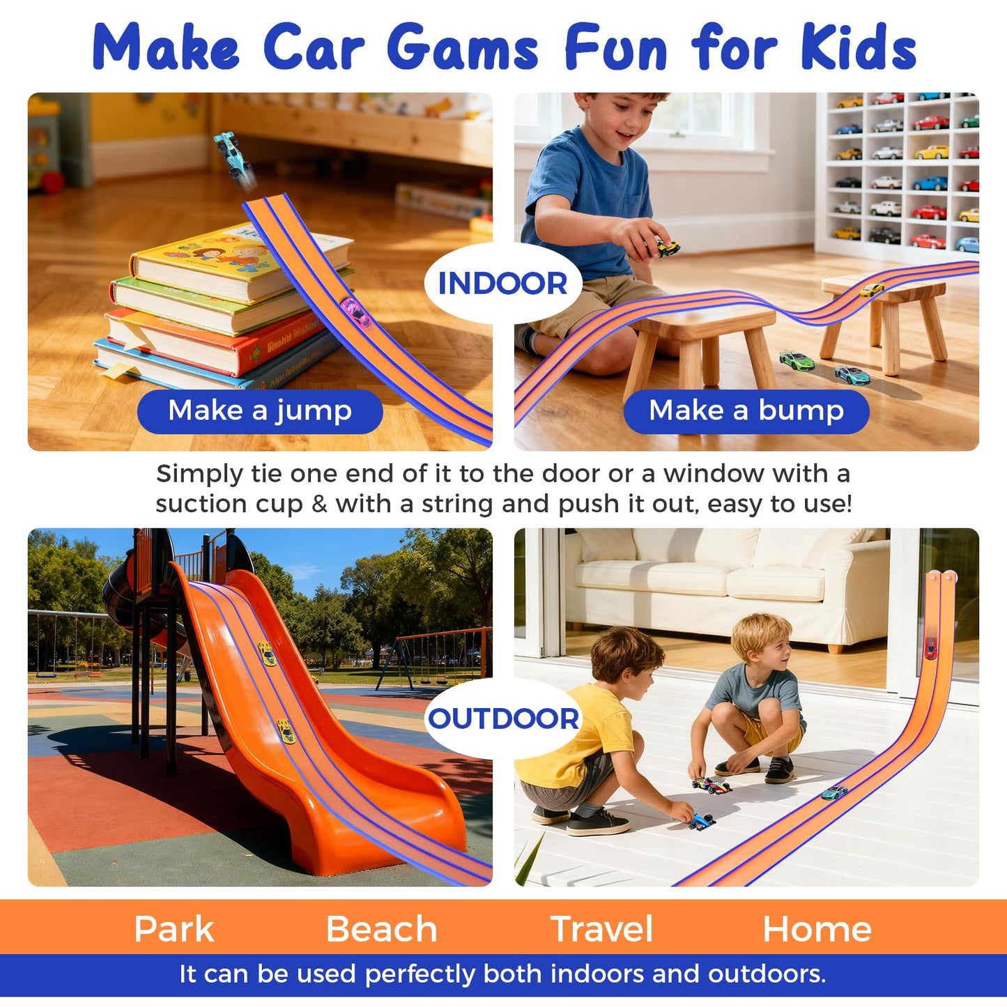 Flexible Race Track for Kids, Portable Flex Track with 4 Strong Suction Cups & 8 Scale Diecast Cars, Flexible Car Tracks for Kids, A Great Birthday Gifts for Boys & Girls Aged 3+ (Orange and Blue)