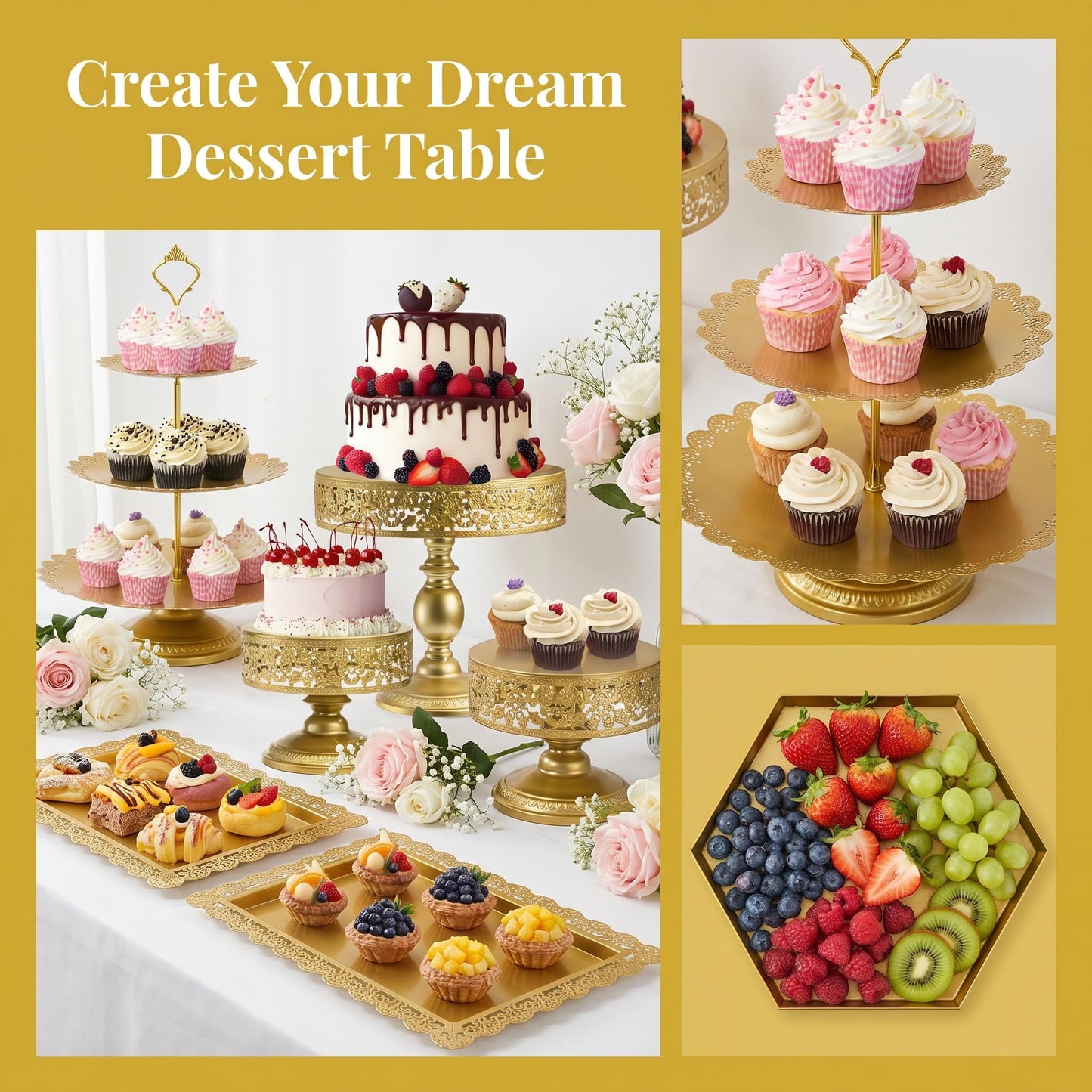 Jucoan 10 Pieces Gold Metal Cake Stand Set, Cupcake Holder Pastry Candy Fruits Serving Plate, Gold Dessert Table Stands and Trays Set for Wedding Birthday Baby Shower Bridal Party