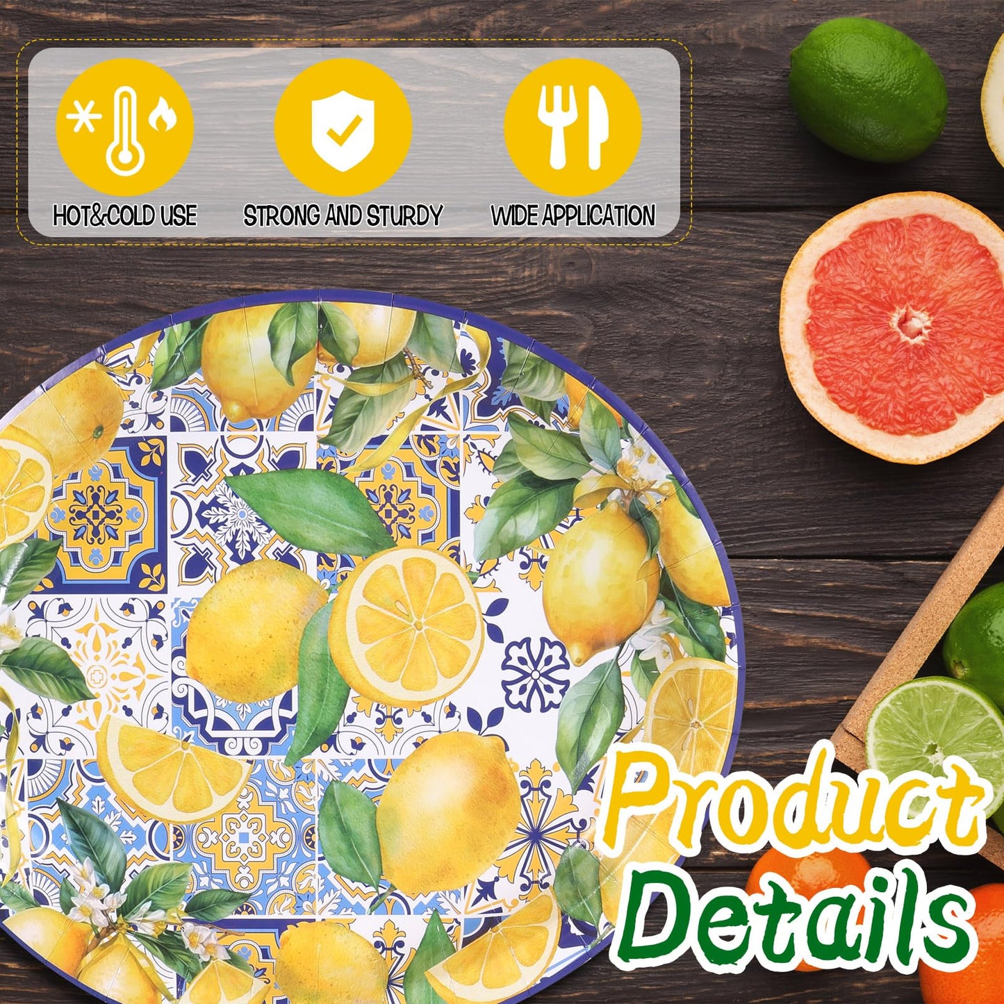 CIEOVO 50 PCS Capri Lemon Party Tableware Paper Plates Large Oval Yellow Blue Disposable Dinner Dessert Plates for Capri Mediterranean Positano Wedding Blue Tiles Lemon Summer Birthday Party Supplies
