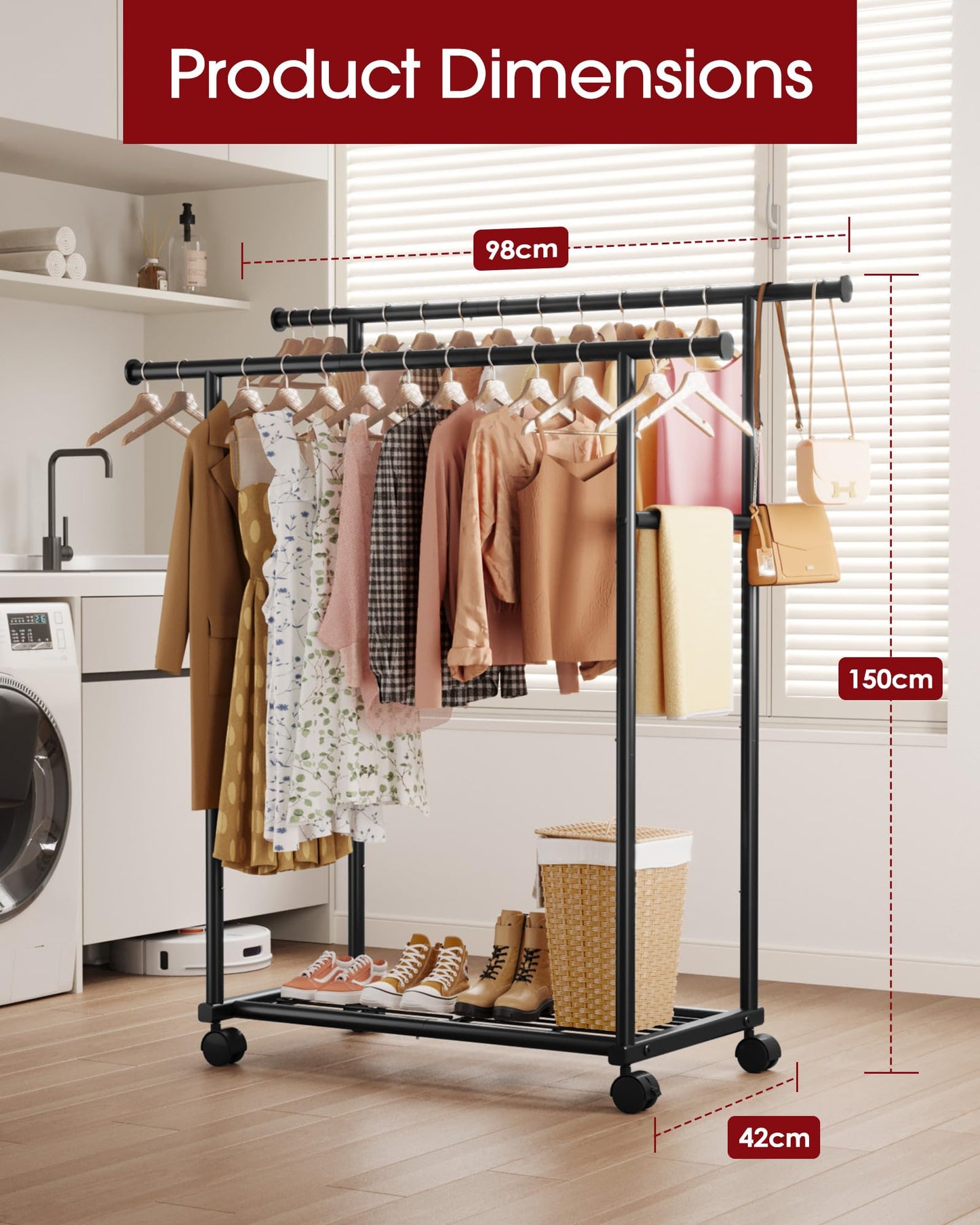 Sakugi Clothing Rack - Double Rod Coat Rack with Fixed Extension Bar, Built-In Mesh Shelf & Lockable Wheels, Multi-Purpose Clothes Rack for Bedroom, Laundry, Entryway, 98cm x 42cm x 150cm, Black