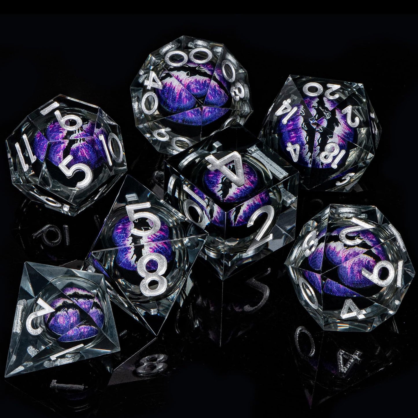 ARUOHHA DND Resin Dice Dragons Eye Dice Liquid Core Purple Sharp Edged Dice Set with Gift Box, Dungeons Polyhedral D and D Dice Set Compatible with D&D Role Playing Game D20 D12 D10 D8 D6