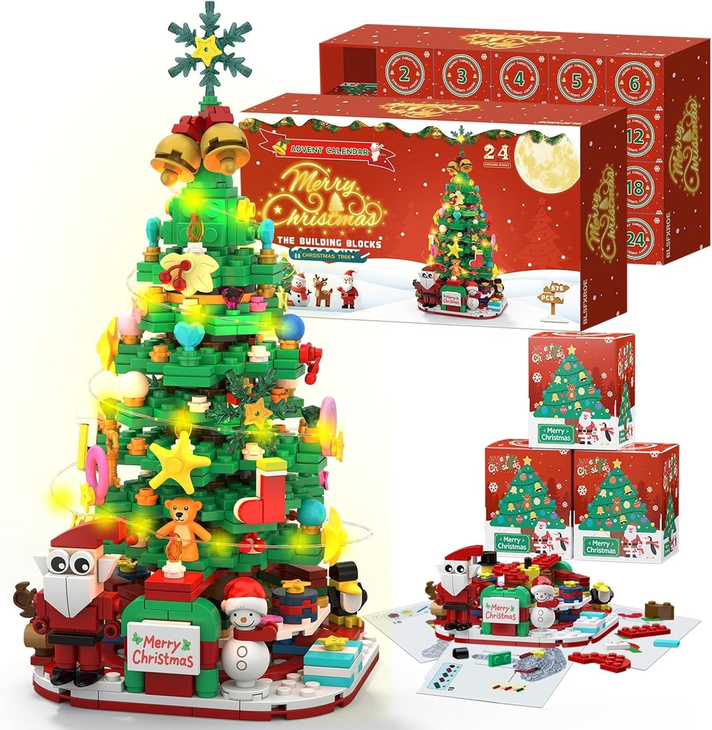 Advent Calendar 2025, Christmas Advent Calendar 2025 Building Blocks, 24 Days Christmas Countdown Calendar Building Blocks Xmas Thanksgiving Gifts Toy Decorations ﻿ (Greed-(Christmas Tree))