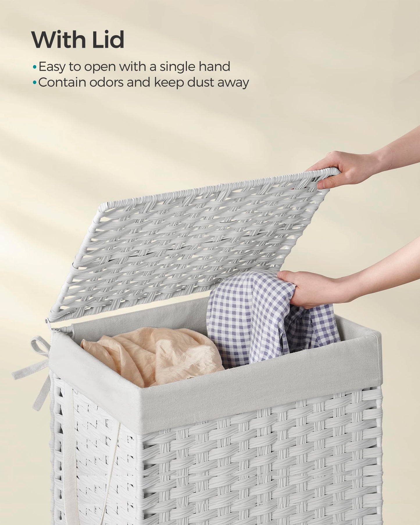 SONGMICS Laundry Hamper with Lid, 23.8 Gallon (90 L) Synthetic Rattan Clothes Laundry Basket with Lid and Handles, Foldable, Removable Liner, Snow White ULCB051W01V1
