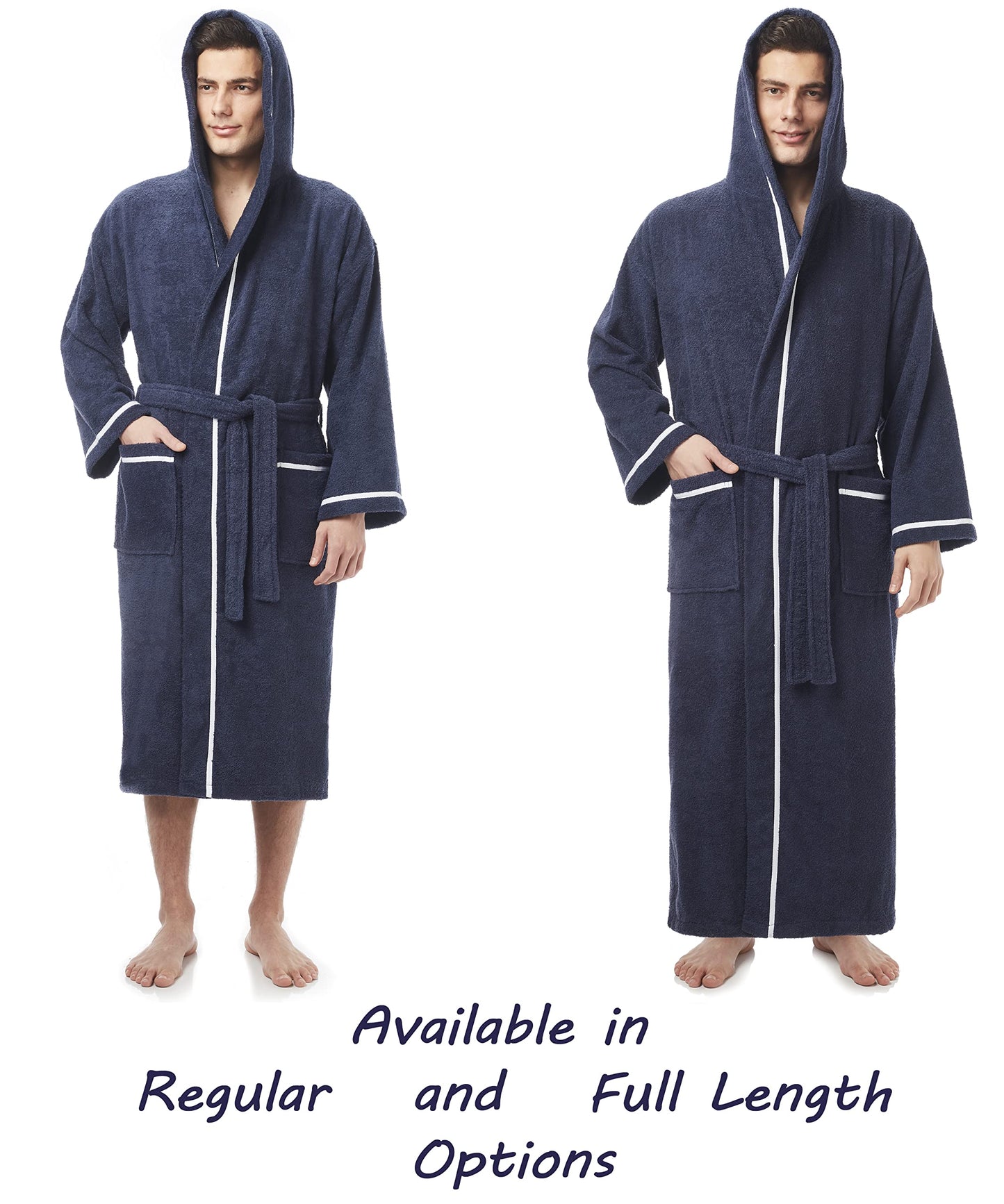 Arus Men's Hooded Classic Bathrobe Turkish Cotton Robe with Full Length Options, Navy Blue With White Border, XX-Large Extra Tall