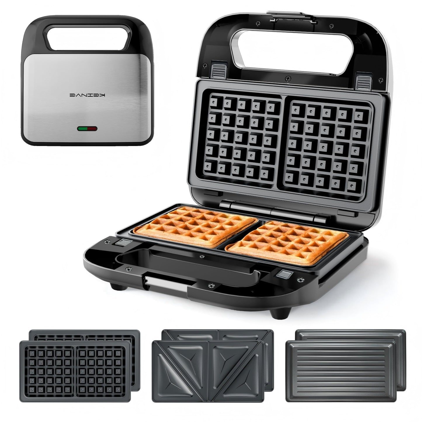 KEINVE 3 in 1 Sandwich Maker & Waffle Maker, Removable Non-Stick Plates, Panini Press, Grilled Cheese Maker, Cool-Touch Handle, LED Light, Easy Clean, 750W, for Home Kitchen Breakfast