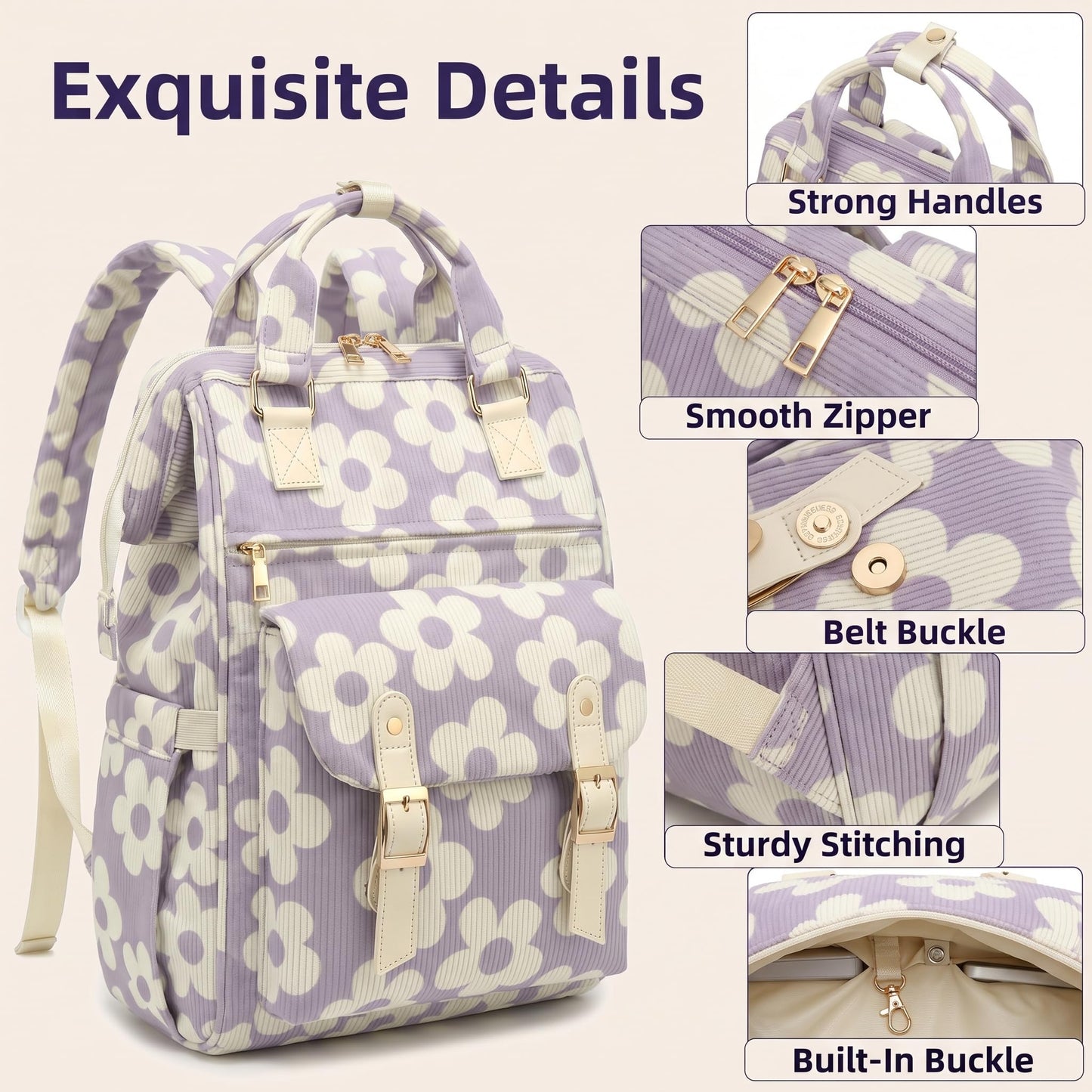 Corduroy Laptop Backpack for Women 15.6 Inch Stylish College School Bookbag, Business Work & Travel Computer Backpacks (Large Floral Purple)