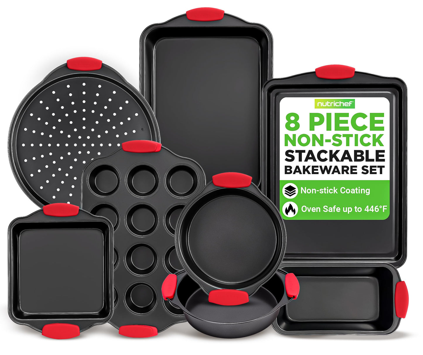 NutriChef Bakeware Set - Nonstick 8 Piece Durable Carbon Steel Baking Pans, PFOA, PFOS, PTFE Free Coating for Easy Food Release, Great for Cookies, Cakes, Roasting and More