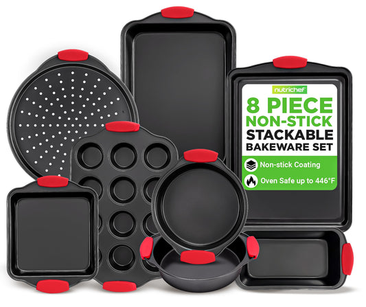 NutriChef Bakeware Set - Nonstick 8 Piece Durable Carbon Steel Baking Pans, PFOA, PFOS, PTFE Free Coating for Easy Food Release, Great for Cookies, Cakes, Roasting and More