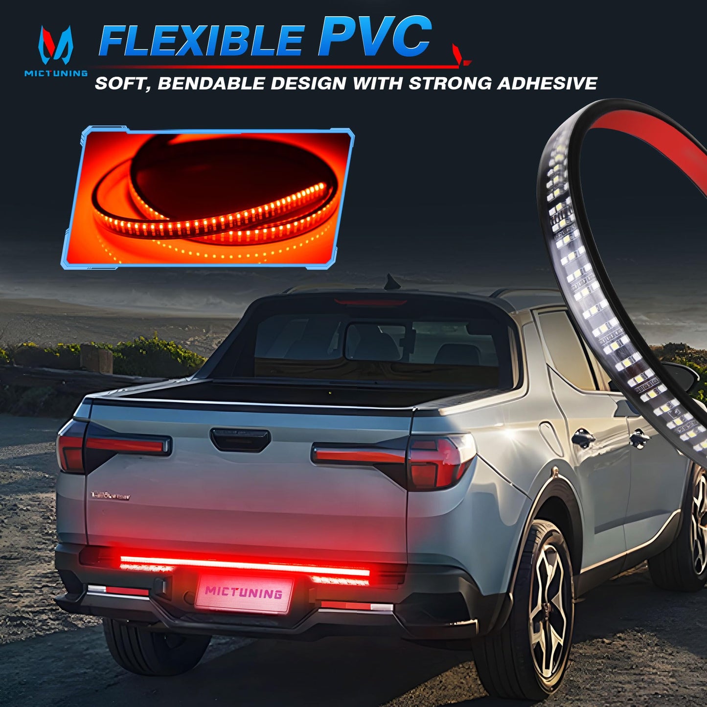 MICTUNING Truck Tailgate Light Strip 48 Inch Triple Row 360 LED IP67 Waterproof with Red Running Brake Sequential Turn Signal, Strobe & White Reverse Lighting