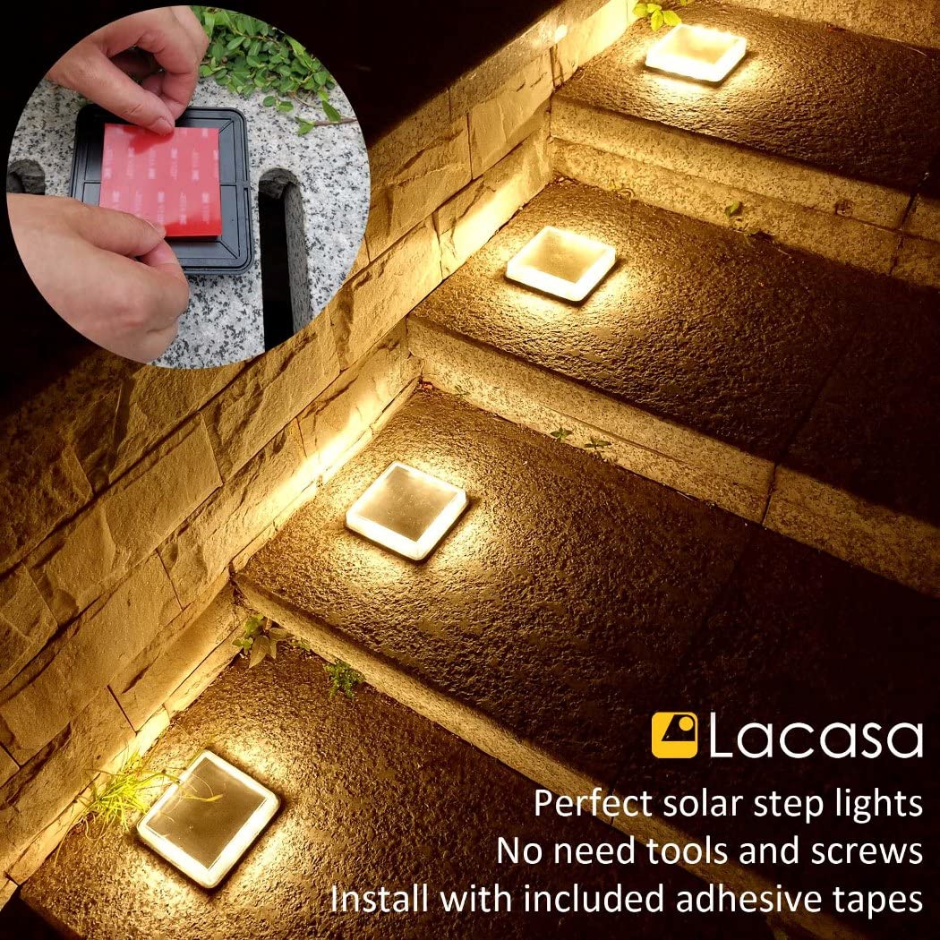 Solar Deck Lights, Outdoor Patio Garden Ground Pathway Driveway Walkway Lighting, Solar Powered Outside Stairs Step Lights Waterproof, auto On/Off Warm White - Square - 4 Pack