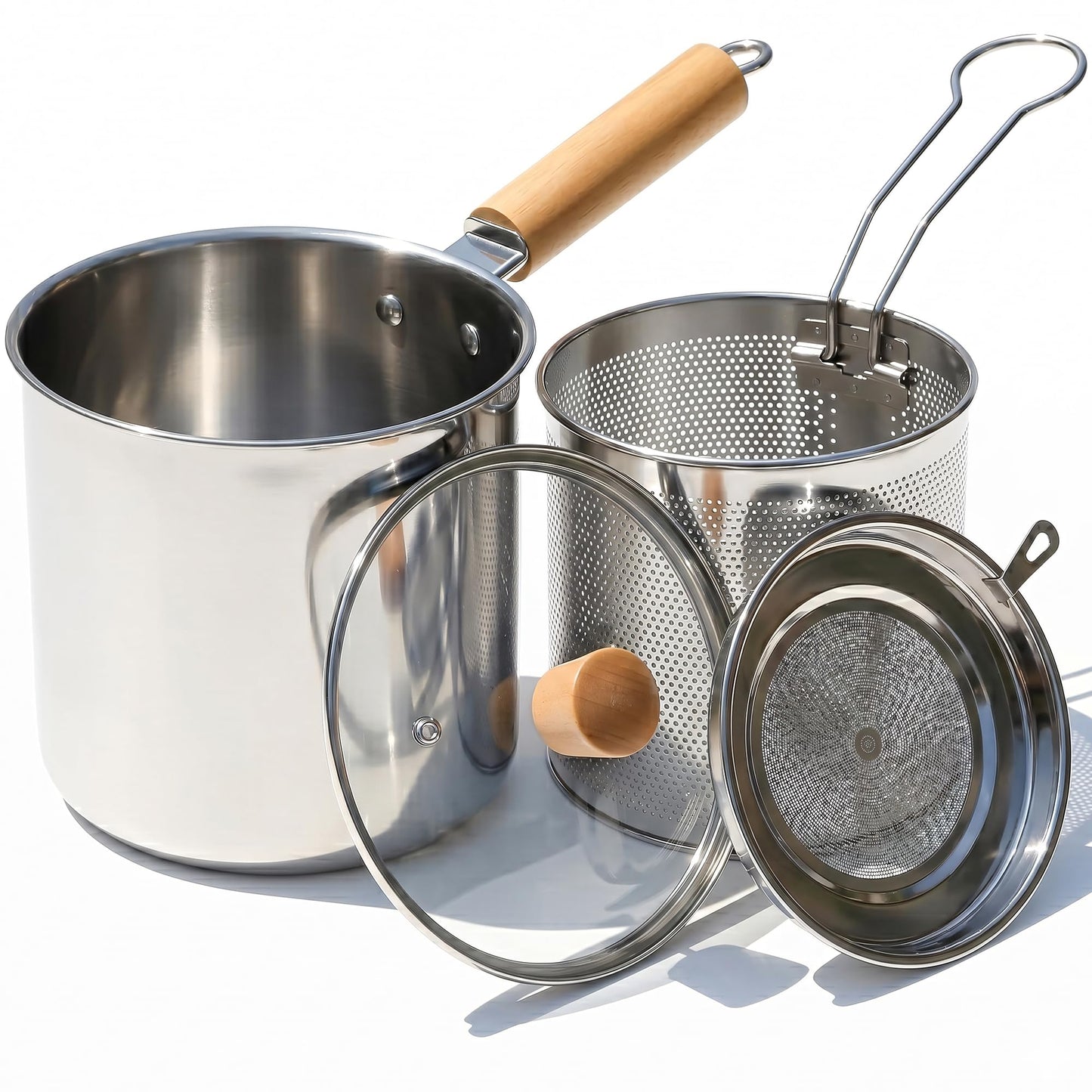 2 in 1 Deep Frying Pot (3L) with Basket, Oil Strainer and Glass Lids, Large 304 Stainless Steel Deep Fryer Cooking Pot, Oil Fryer Bacon Grease Container for Kitchen, Frying, Cooking-Dishwasher Safe