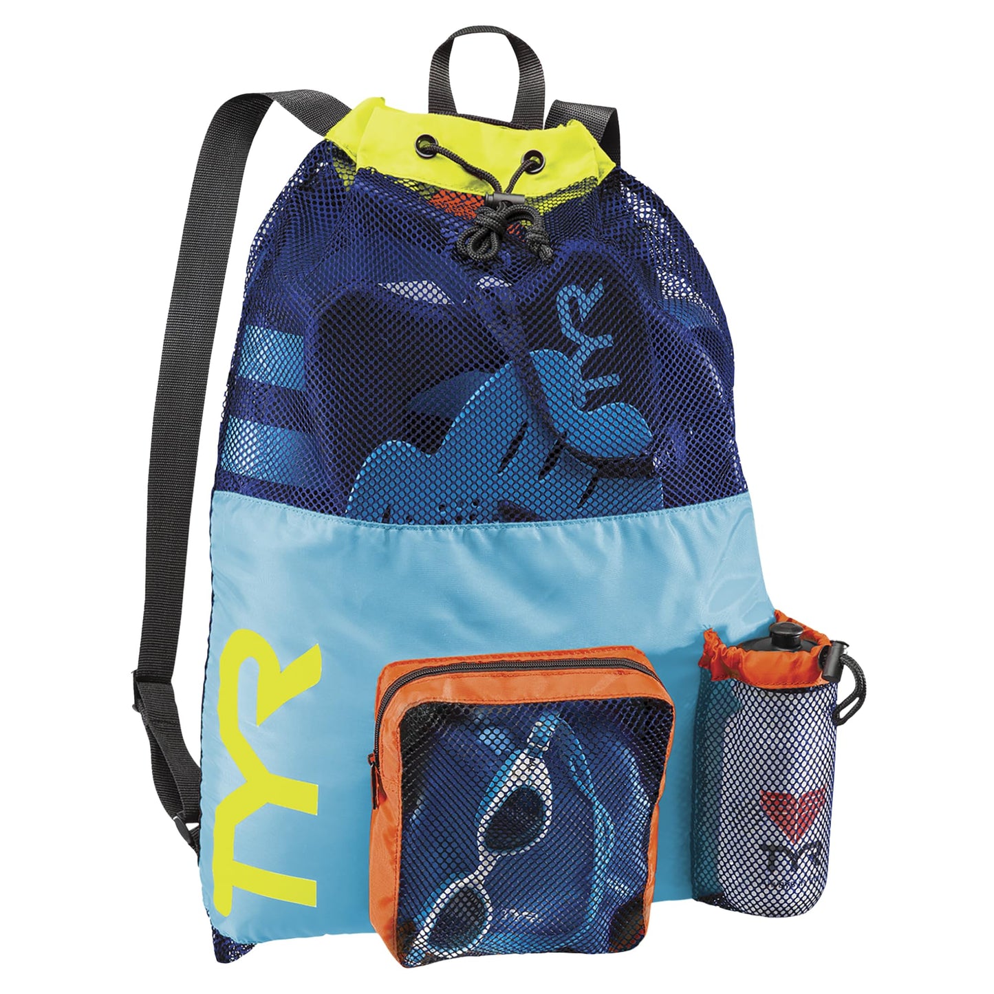 TYR Big Mesh Mummy Backpack for Wet Swimming, Gym, and Workout Gear, Blue/Yellow