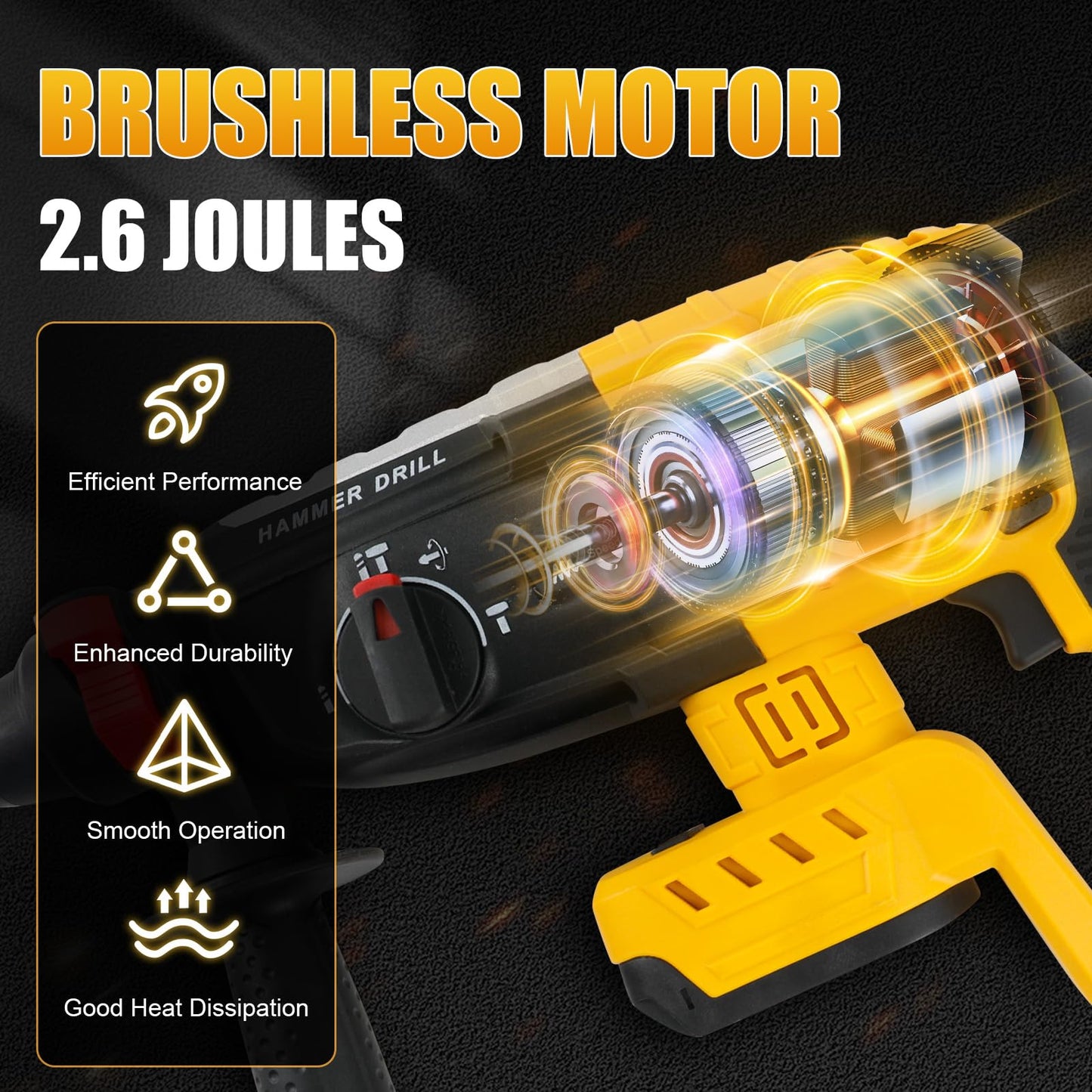 FormiPow SDS-Plus Rotary Hammer Drill for Dewalt 20V Battery, 2.6J Impact Brushless Hammer Drill with 4 Mode Operation, 360° Rotating Cordless Hammer Drills with 5 PCS Drill & Chisel Set (No Battery)