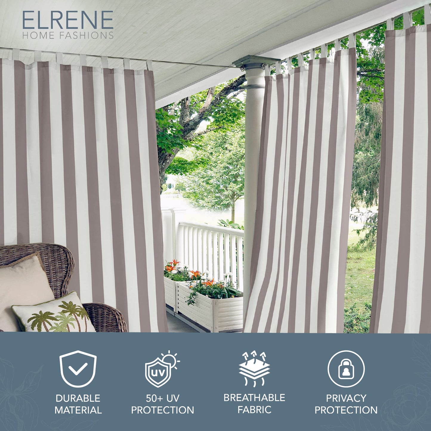 Elrene Home Fashions Indoor/Outdoor Cabana Stripe Tab Top Single Panel Window Curtain Drape, 50"x108", Gray