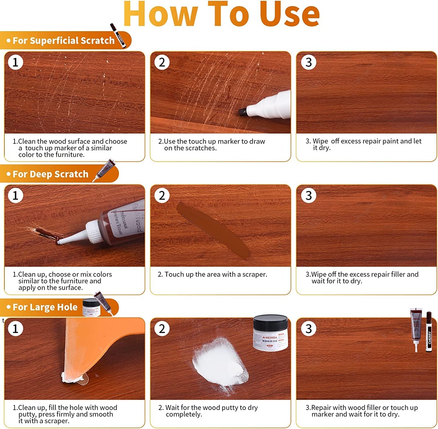 Wood Furniture Repair Kit - Hardwood Laminate Floor Repair Kit Wood Filler, 39 Pcs Furniture Repair Kit Wood Markers Touch Up for Scratch Stain Hole, Restore Any Wood, Wooden Door, Table, Cabinet