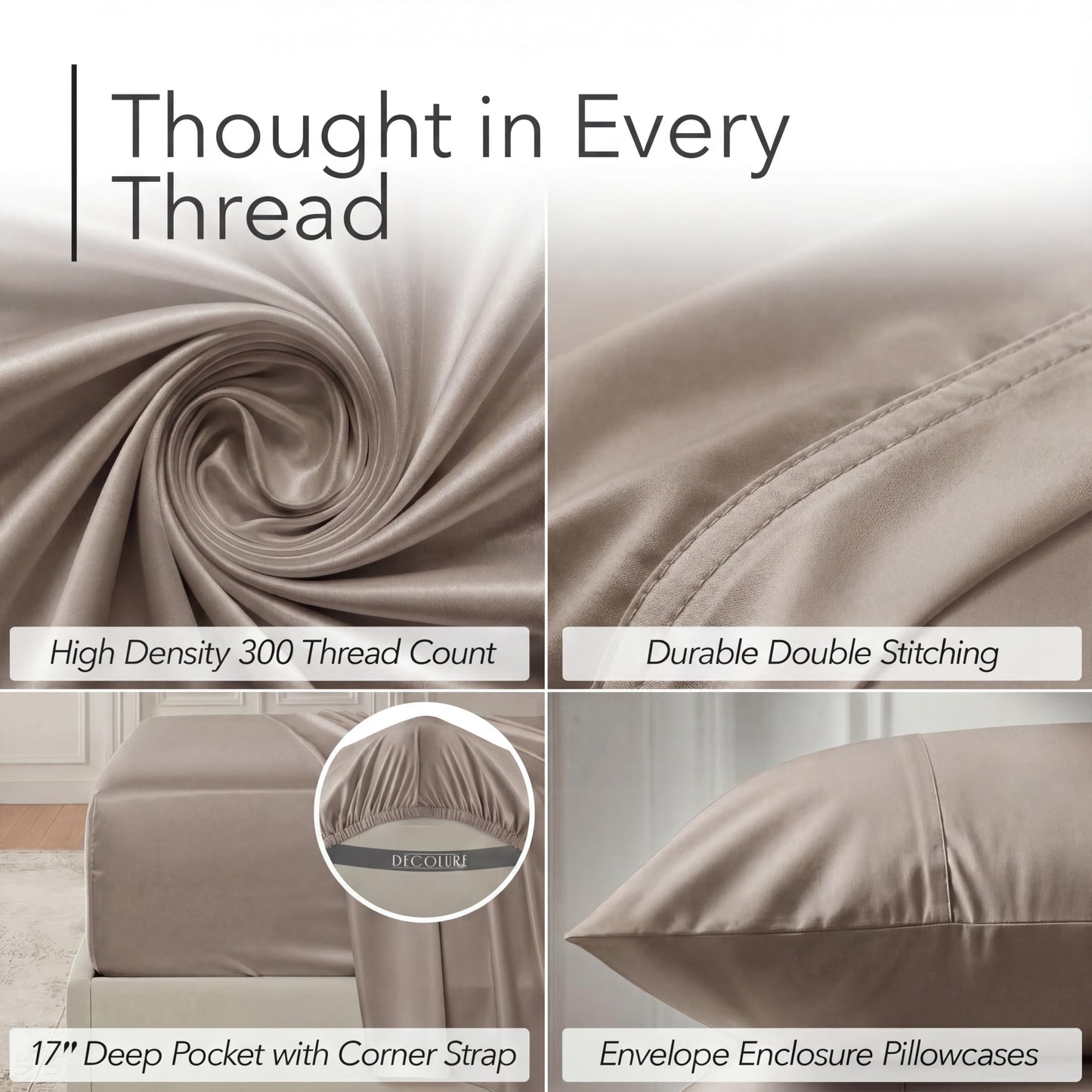 DECOLURE 100% Organic Viscose Derived from Bamboo Sheets King Size 6pcs - Ultra Soft & Luxuriously Cooling, 17" Deep Pocket, Double Stitching, Perfect for Hot Sleepers - King Bed Sheets (Taupe)