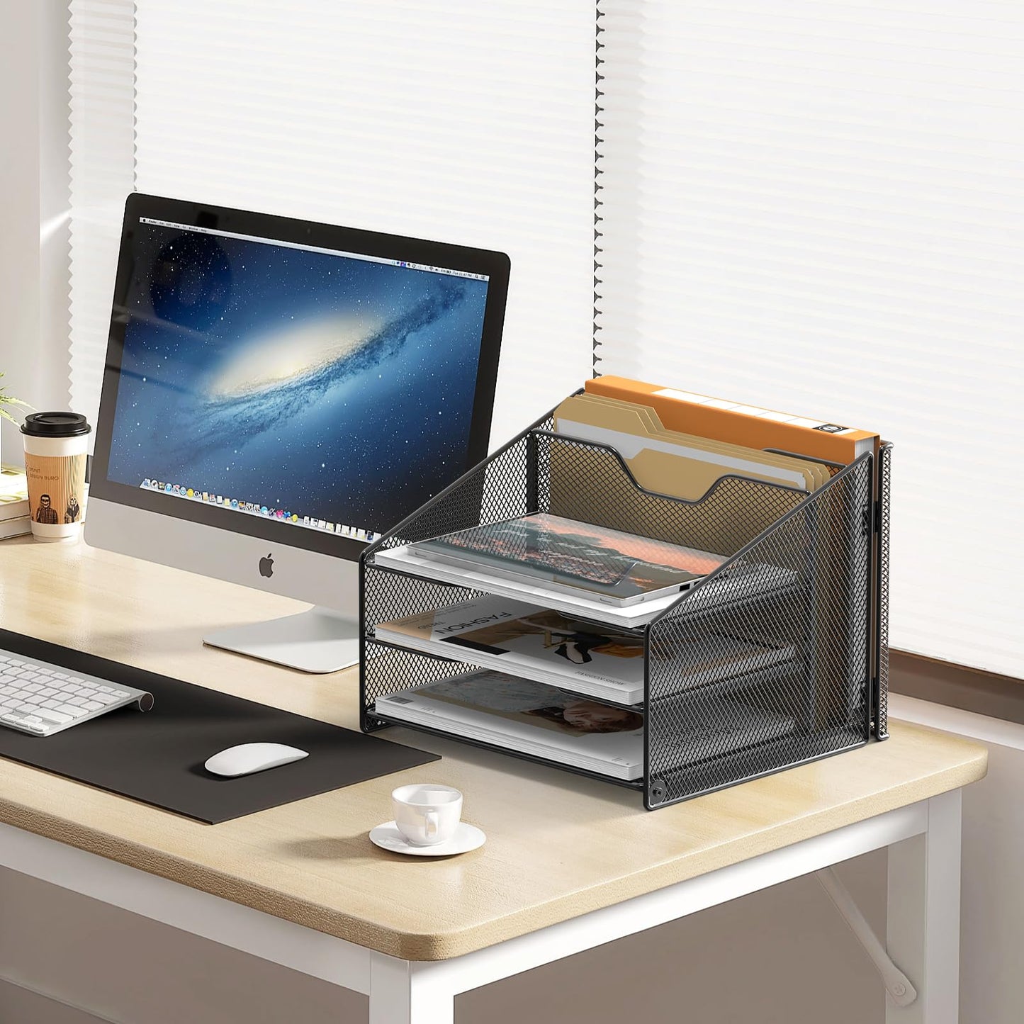 Samstar Mesh Desk File Organizer Letter Tray Holder, Desktop File Folder Holder with 3 Paper Trays and 2 Vertical Upright Section, Black.