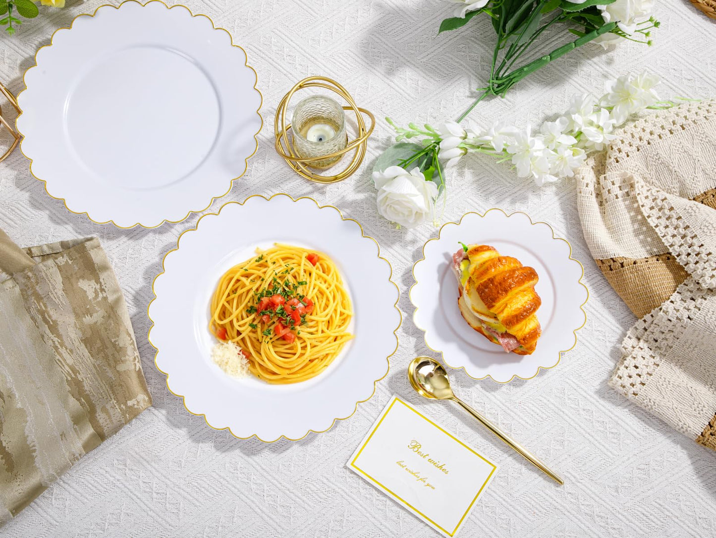 supernal 100pcs Christmas Scalloped Plastic Plates Gold-White and Gold Disposable Plates- Plastic Plate for Thanksgiving Dinner,Pretty Party Plate Perfect for Wedding Birthday