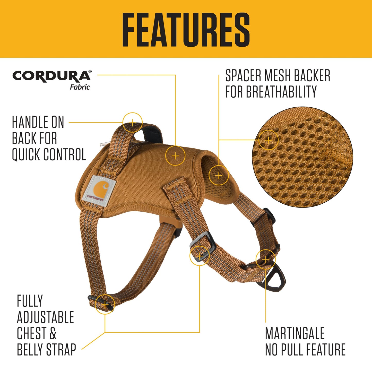 Carhartt Nylon Duck No Pull Dog Harness, Fully Adjustable Dog Harness with Quick Control Handle and Reflective Accents, Carhartt Brown, Medium