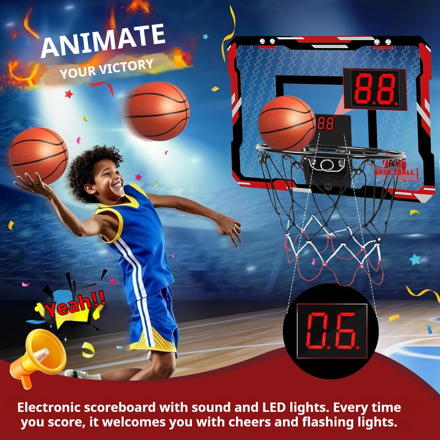 Indoor Mini Basketball Hoop - Over The Door Set for Kids, Automatic Scoring with 3 Balls, for Bedroom/Playroom/Dorm/Travel/Classroom (3-12 Year Old)