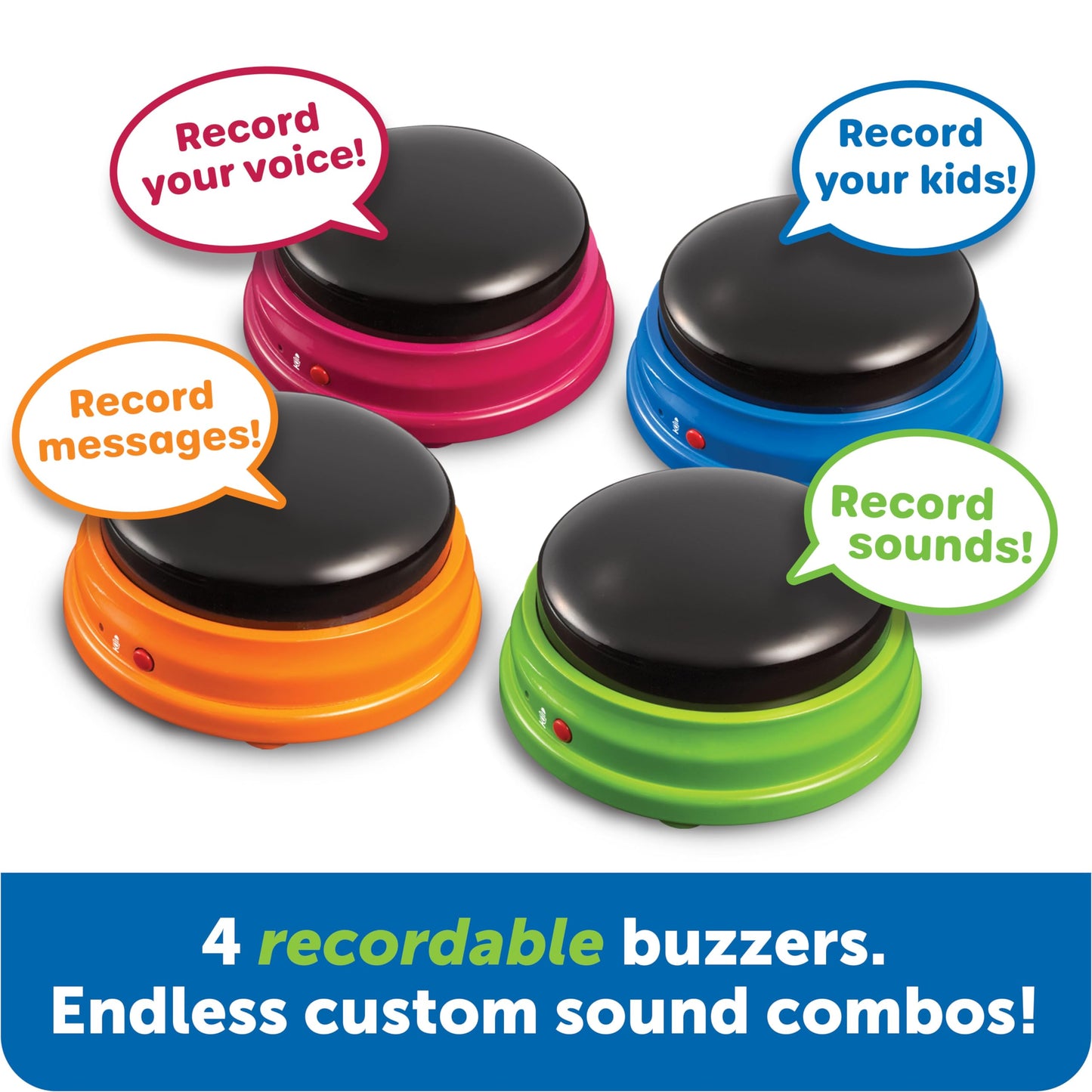 Learning-Resources-Recordable-Answer-Buzzers Set-of-4,-Ages-3+-|-Pre-K-Personalized-Sound-Buzzer,-Recordable-Buttons,-Game-Show-Buzzers,-Perfect-for-Family-Game-and-Trivia-Nights,-Dog-Buttons-for-Communications