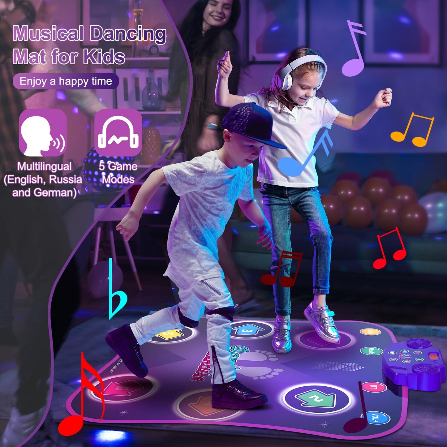 Flooyes Dance Mat Toys for 3-12 Year Old Kids, Electronic Dances Pad with Light-up 6-Button Wireless Bluetooth, Music Dance with 5 Game Modes, Birthday Toys Gifts for 3 4 5 6 7 8 9 10+ Year Old Girls