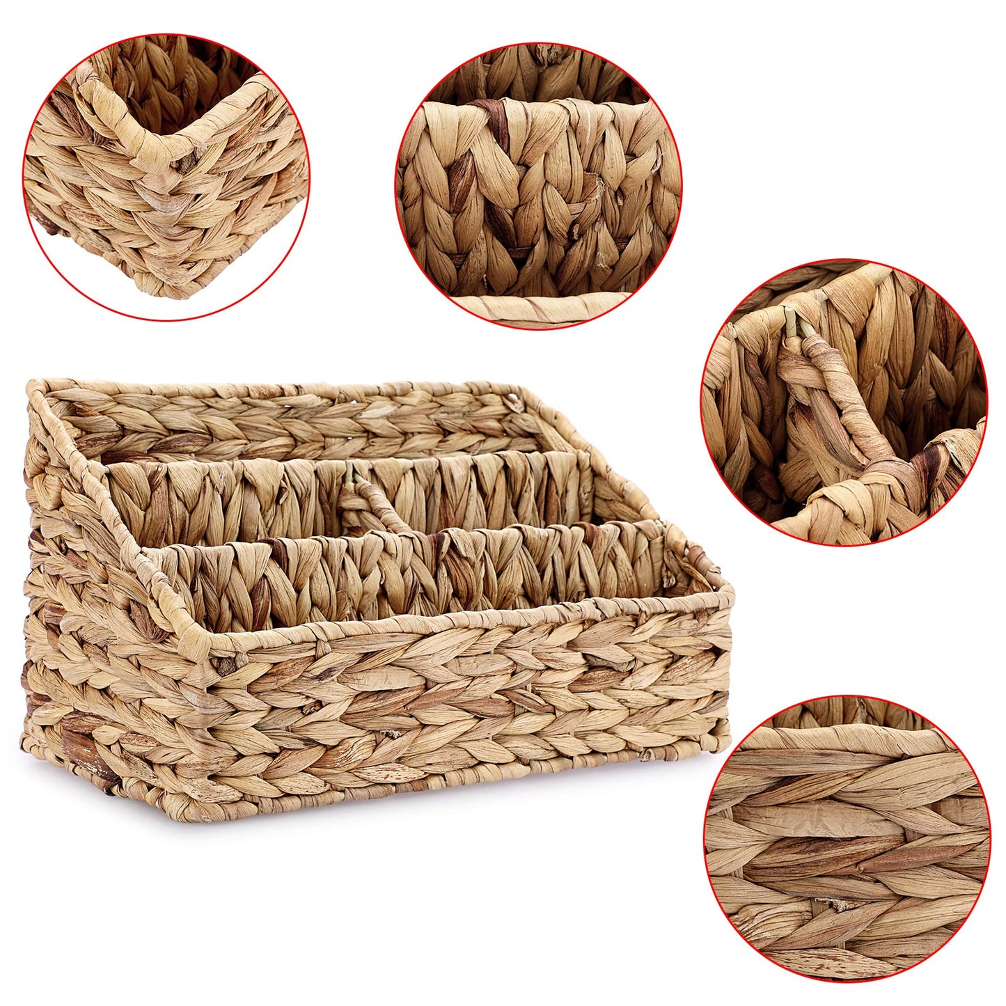 BTSKY Handwoven Water Hyacinth Desk Organizer, 4 compartments Desktop Mail Organizer, Woven Countertop Accessories Organizer for Office Supplies, Stationery Supplies, Makeup