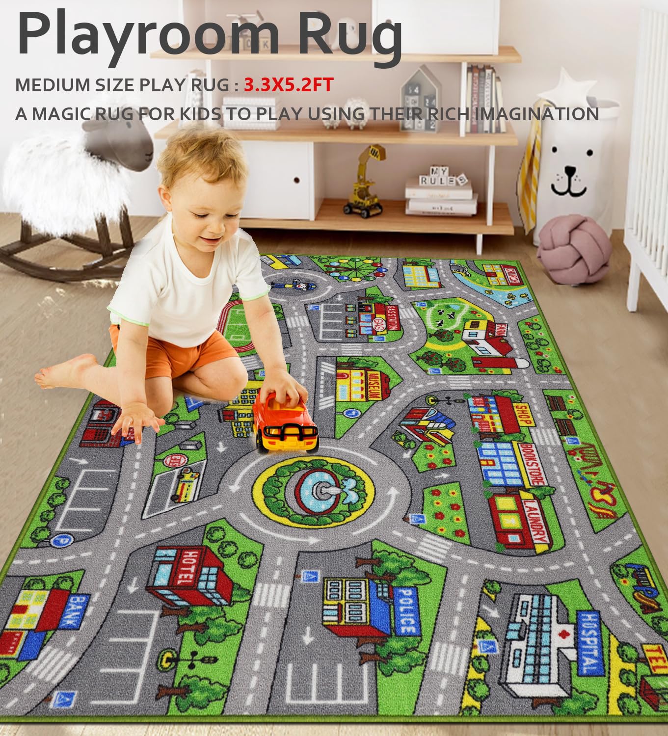 VSIWB Kids Rug 3'3" x 5'2" City Life Playmat Area Rug Car City Map Washable Traffic Road Educational Learning Nursery Rug Carpet for Children Playroom Living Room Bedroom Classroom Decor Green