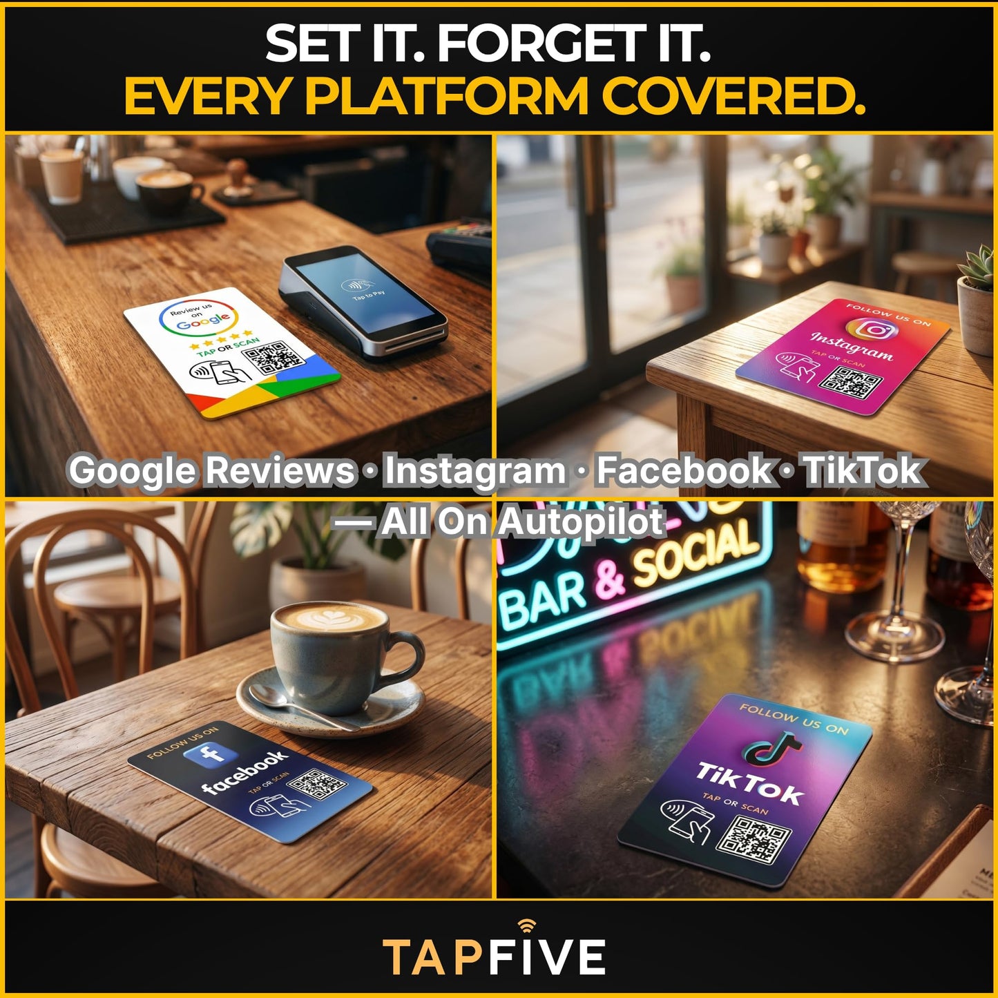 TapFive Google Review Tap Cards + Follow Us on Instagram Facebook TikTok Tap Cards (5-Pack) - Tap for Instant Reviews & Followers - All Phones Compatible - Reusable Tap NFC & QR (5-Pack Social Pack)