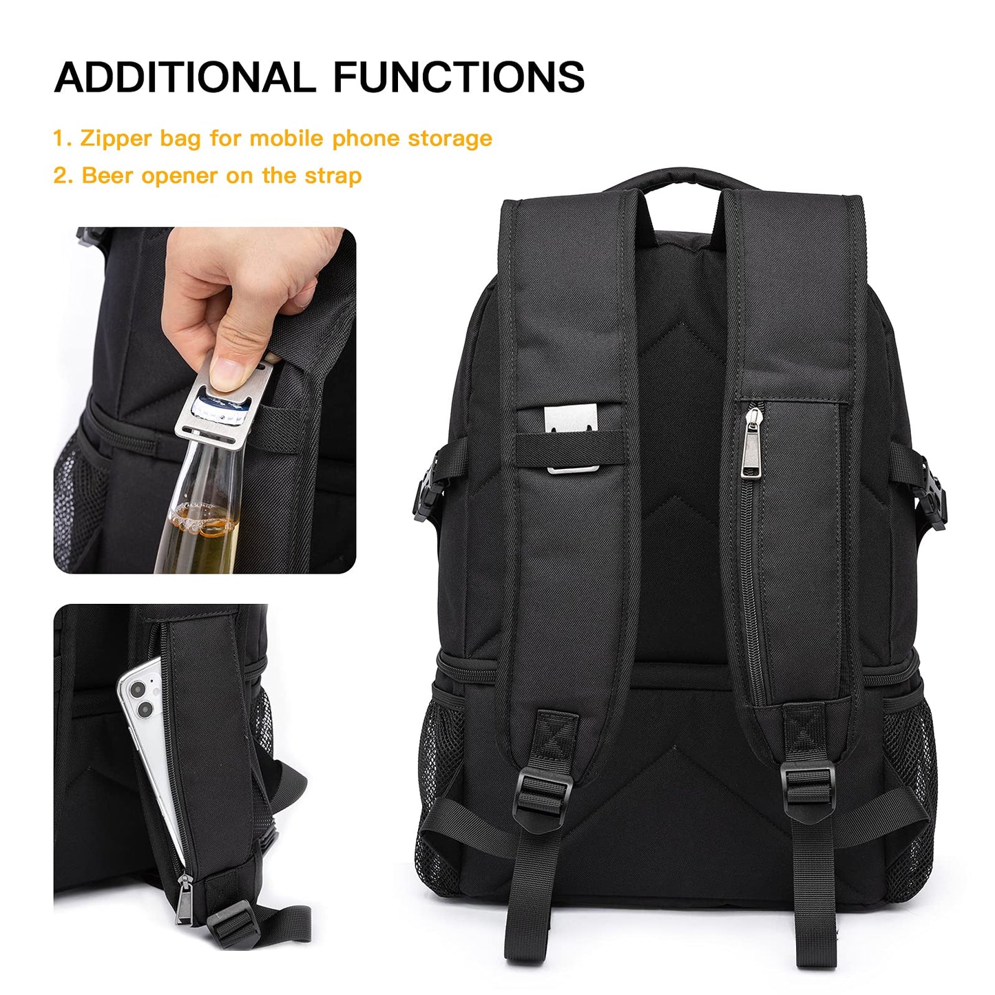 TUGUAN Insulated Cooler Backpack 16/26 Cans Double Deck Leakproof Lightweight Soft Lunch Backpack Small Cooler Bag Beach Picnic, Black