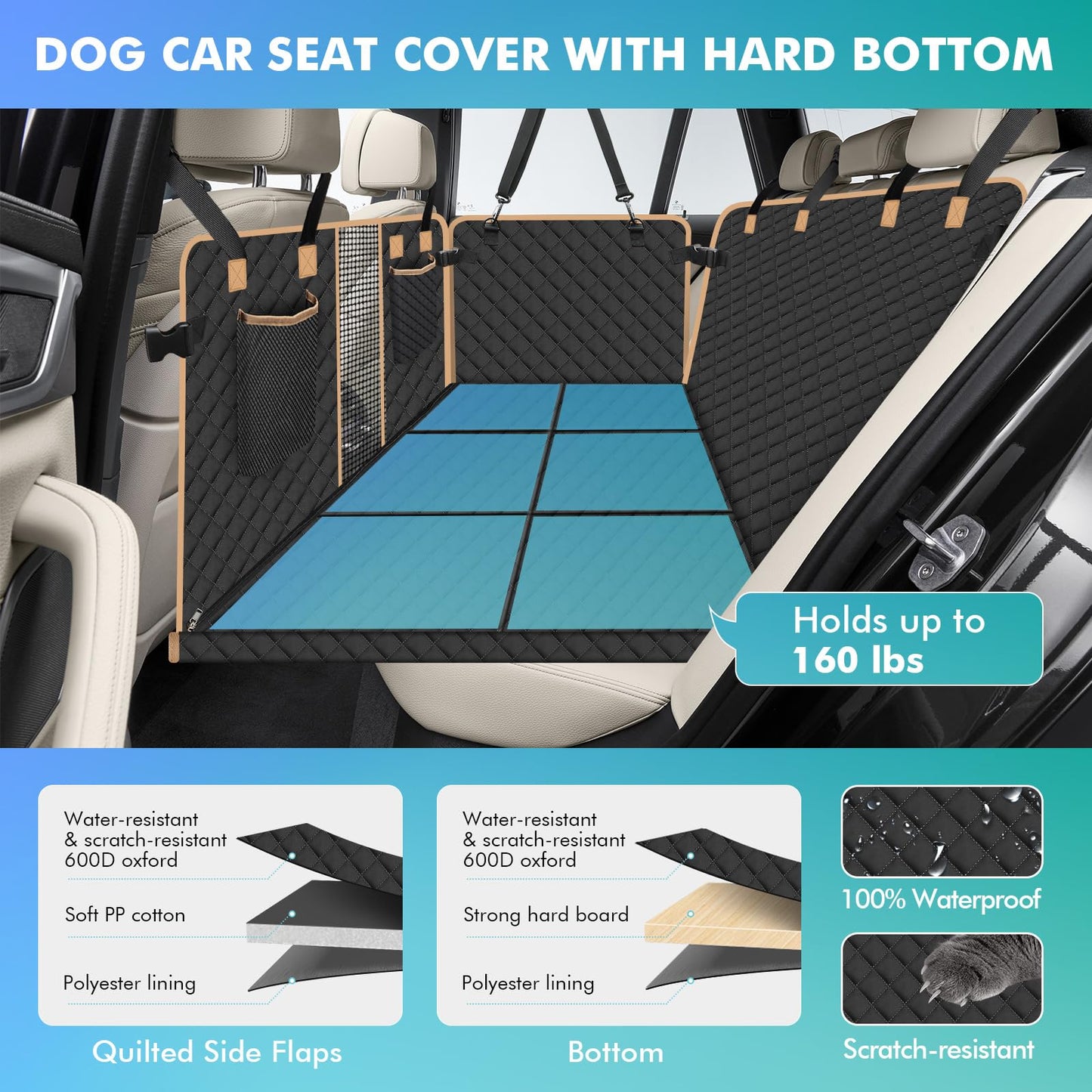 Reiseresa Dog Car Seat Cover for Back Seat with Hard Bottom, Back Seat Extender for Large Dogs Travel, Air Mattress Dog Hammock for Car SUV Truck, Quilted