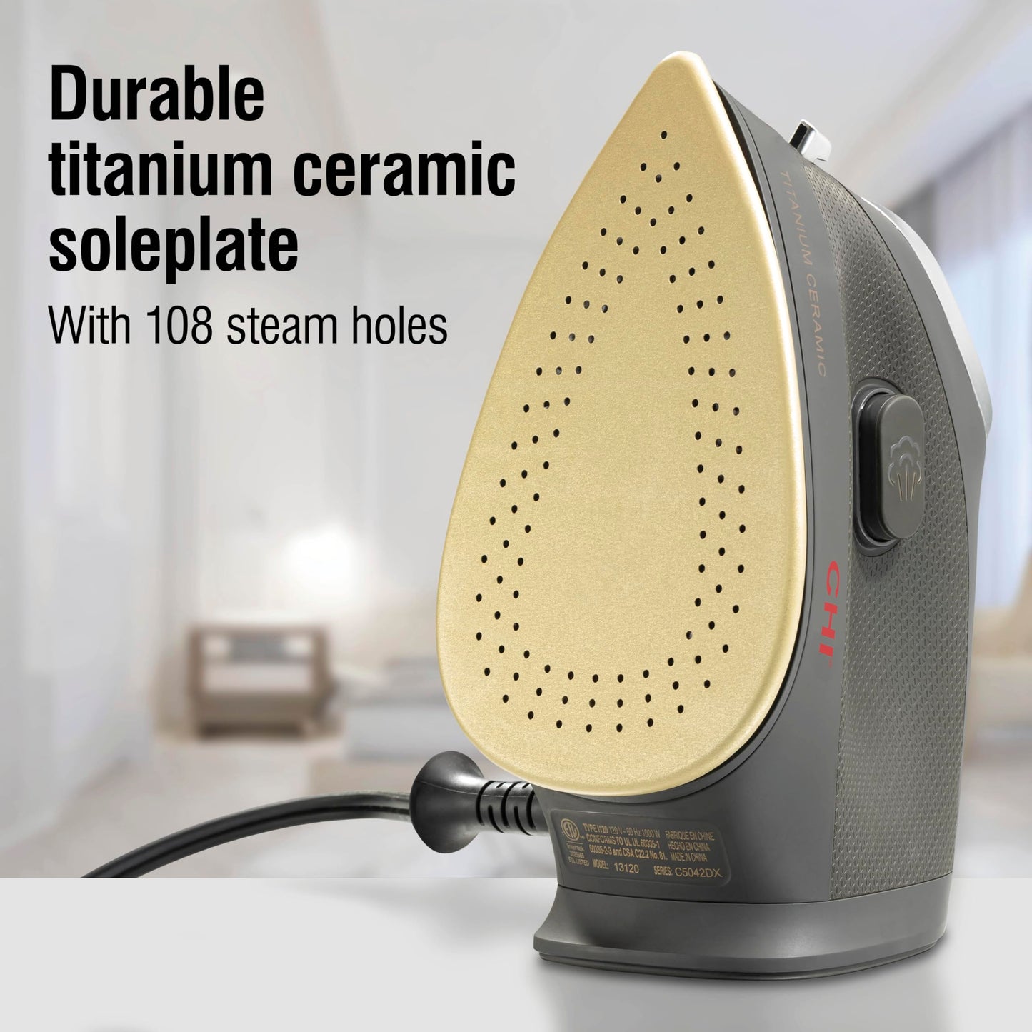 CHI Mini Steam Iron for Clothes, Travel, Sewing and Crafting, Titanium-Infused Ceramic Soleplate, 1000W, 10 ft Cord, 3-Way Auto Shutoff, Black, 13120