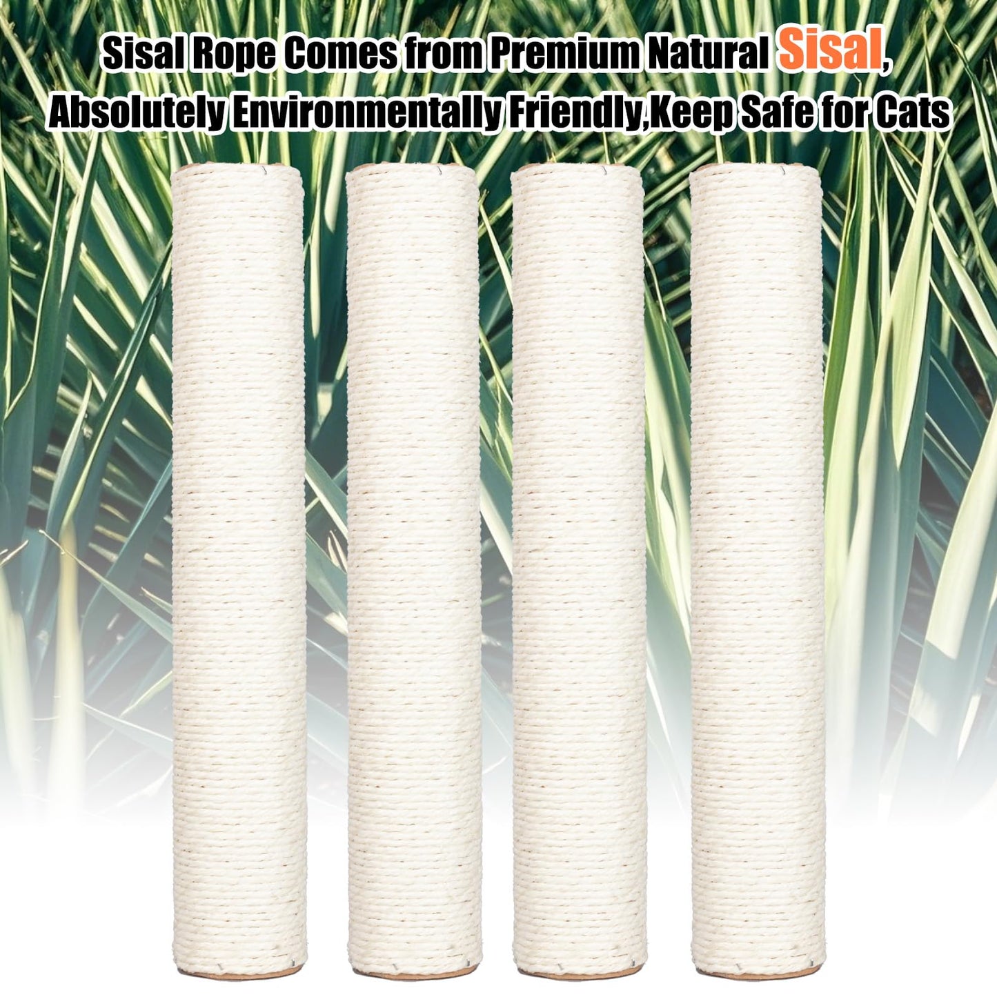 PowerKing 4-Pack 15.7" Cat Scratching Post Replacement - Natural Sisal Rope Scratcher Poles with M8 Screws for Indoor Cat Tower Renewal Parts, Cat Furniture Refill Parts (White)