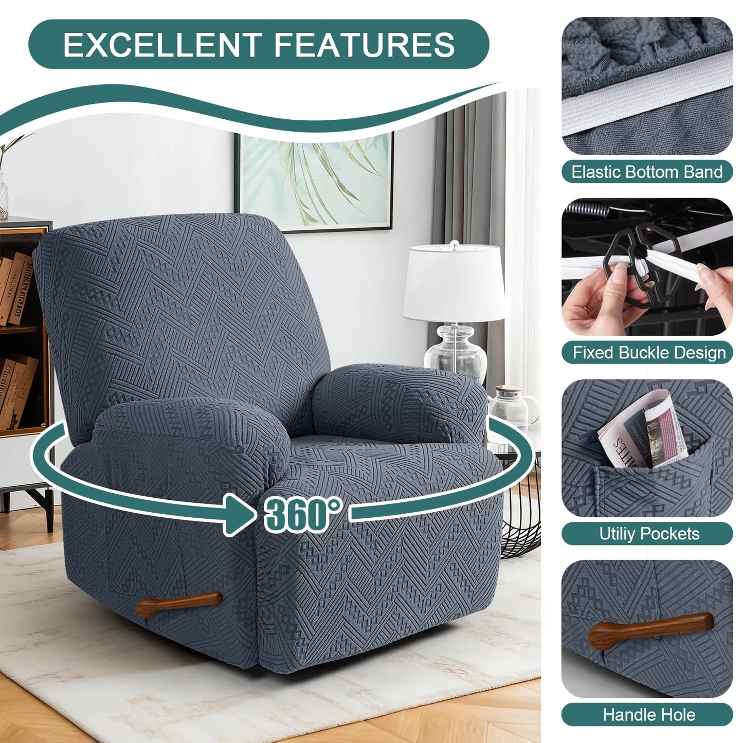Ruaozz Recliner Sofa Covers Recliner Chair Covers Recliner Covers for Reclining Chair with Pockets Washable Furniture Protector with Elastic Bottom (1 Seater, Grey)